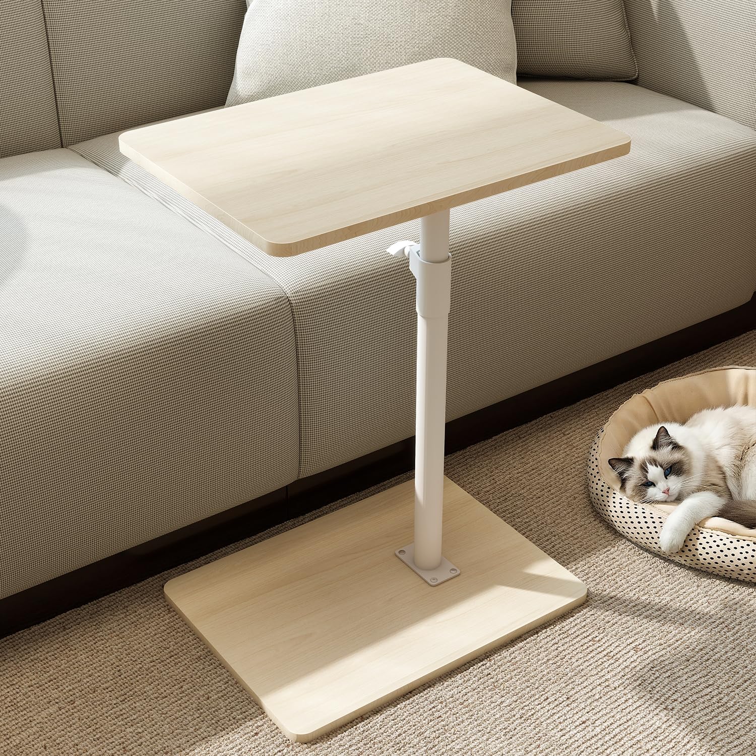 YUHFERA Sofa Armrest Tray Table for Couch - 360 Swivel Height Adjustable End Table for Small Spaces, Snack Side Table for Bed or Chair with Phone &amp; Tablet Slot (Oak, Enlarged)