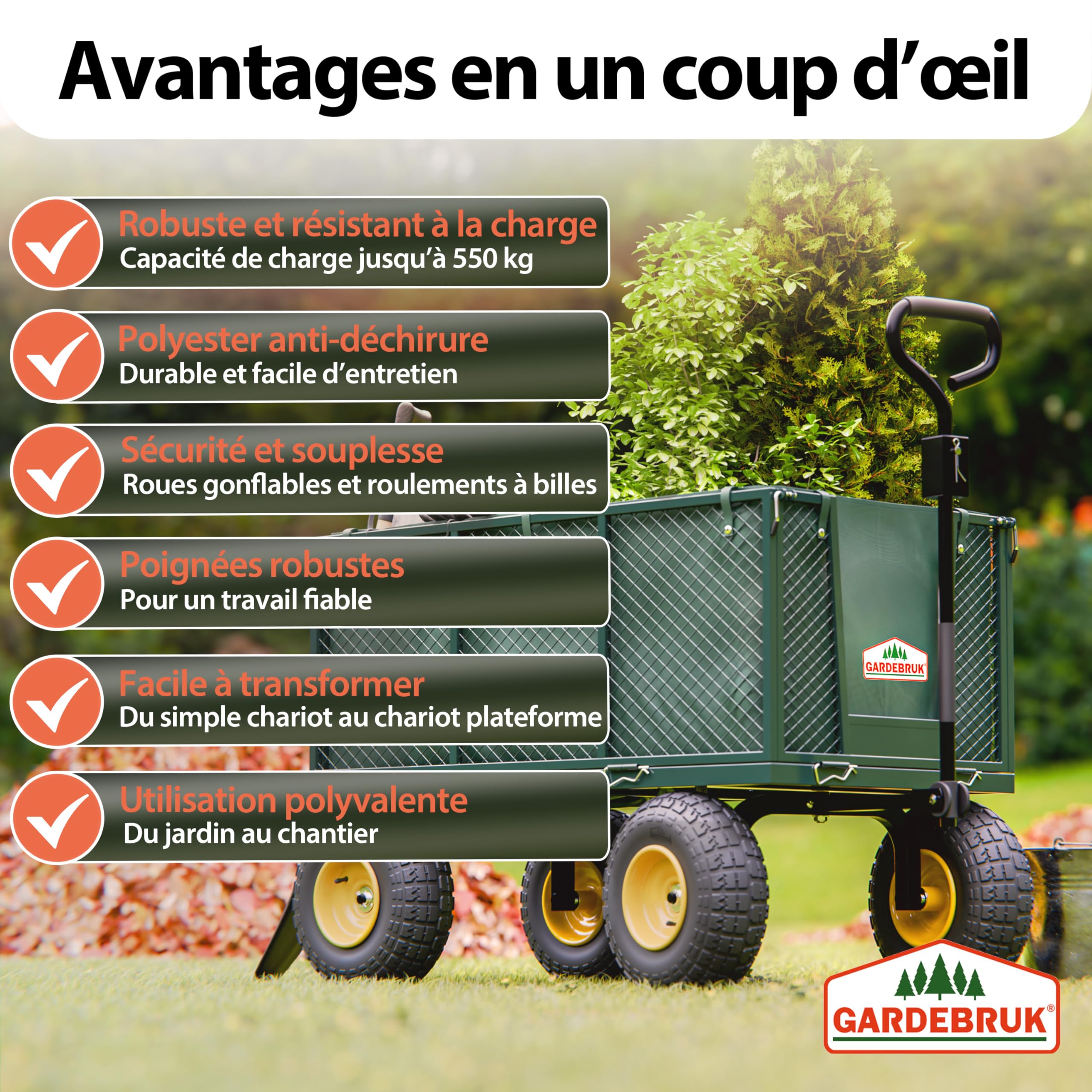 GARDEBRUK® Chariot à roulettes Pliable 550kg Robuste bâche Amovible Chariot de Plage Chariot de Transport brouette Chariot Jardin remorque