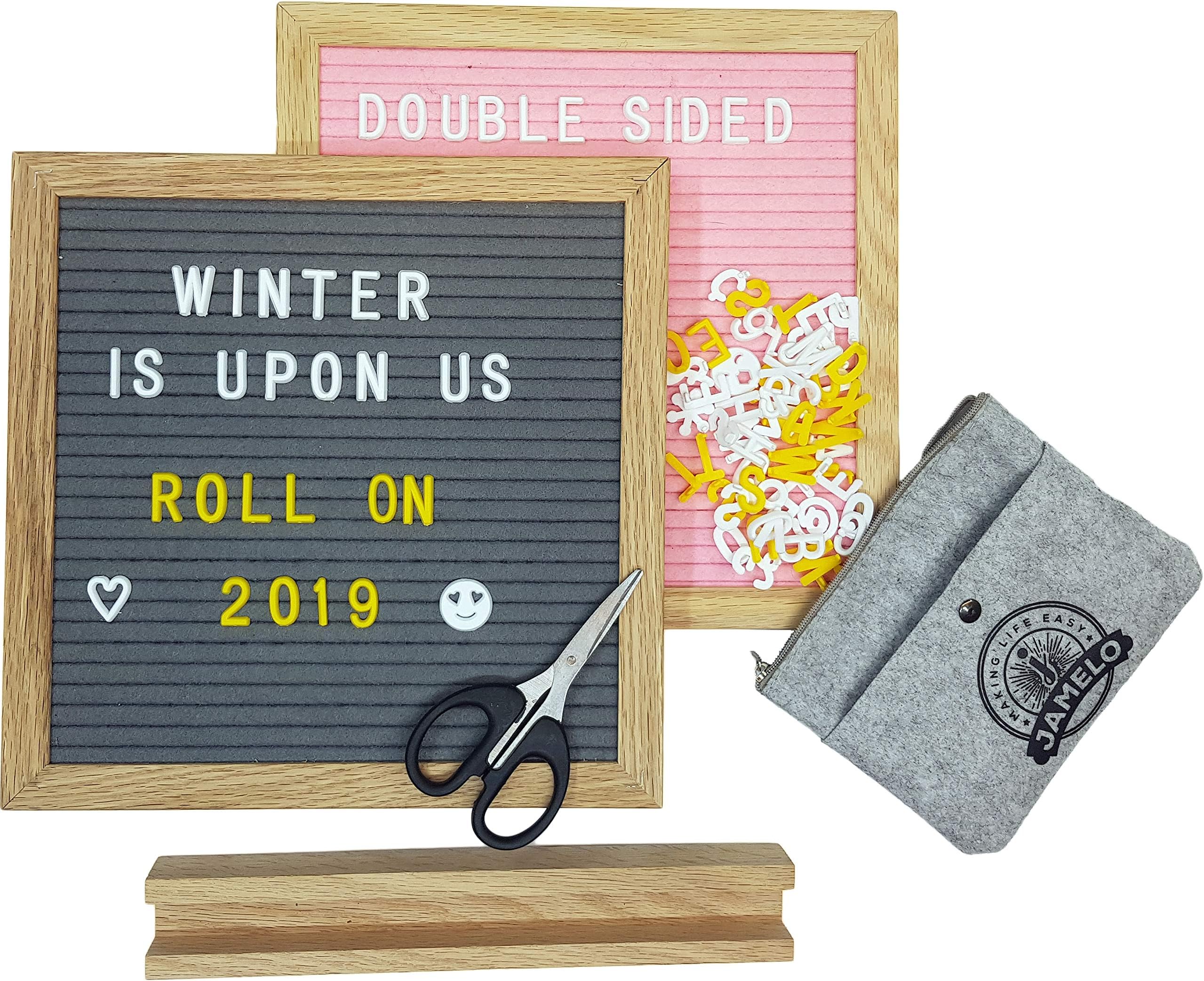 Pink and Gray, Double Sided Letter Board 10x10, 362 White & Yellow Letters, Oak Wood Frame, Changeable Felt Letter Board with Stand Included. Perfect Premium Gift!