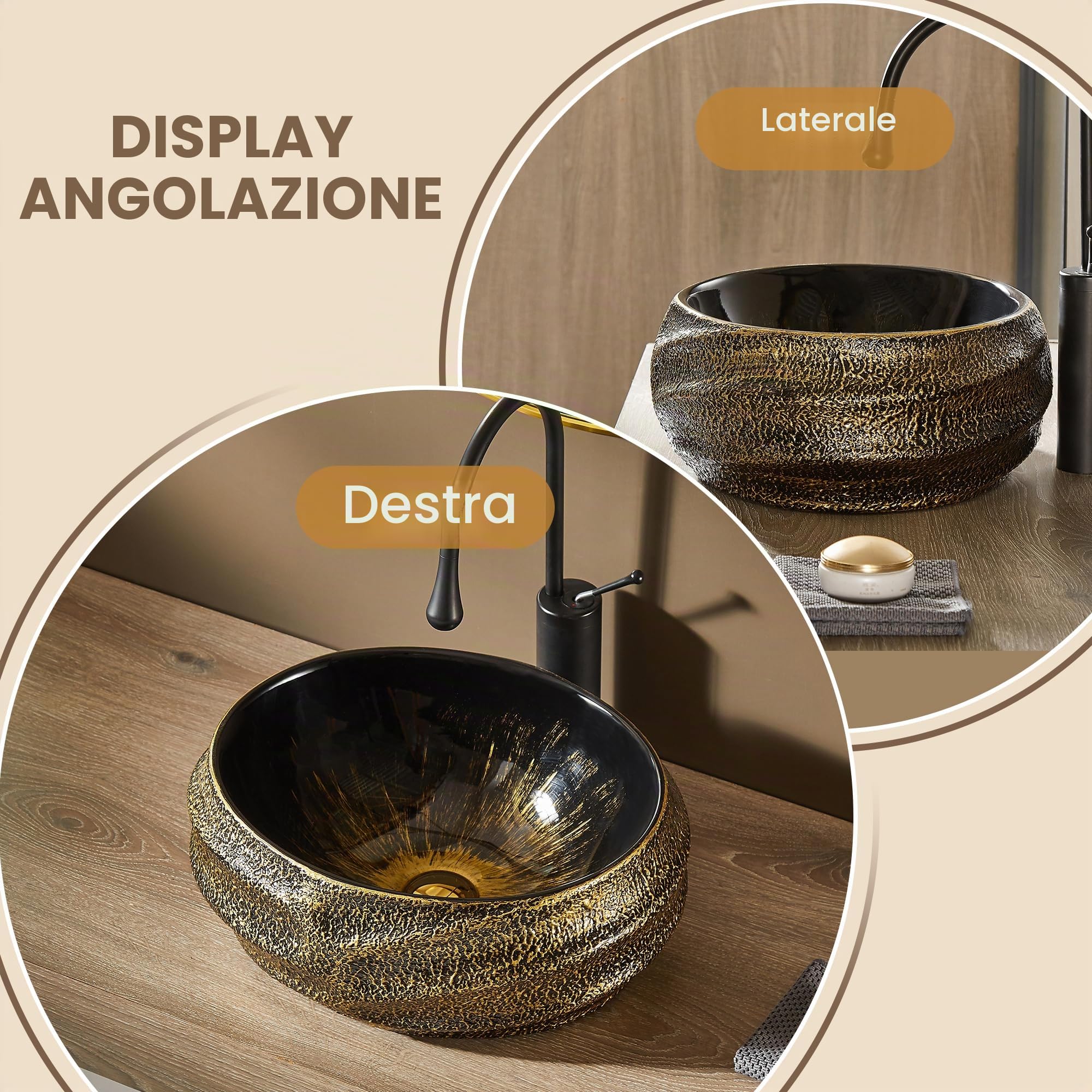 MEJE 45 x 40 x 16,5 cm Lavabo artificiale, Ovale, Superficie in rilievo, Dorato vintage, Lavabo da piano di lavoro, Ceramica (compreso scarico pop-up)