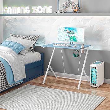 Techni Mobili 32 Small Gaming Desk with Cupholder & Headphone Hook, Blue