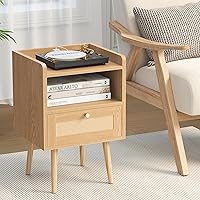 Vista 7 de Night Stand Set 2, Nightstands Set of 2 with Charging Station, Rattan Side Tables with Solid Wood Legs, Boho Bedside End Table for Farmhouse Bedroom