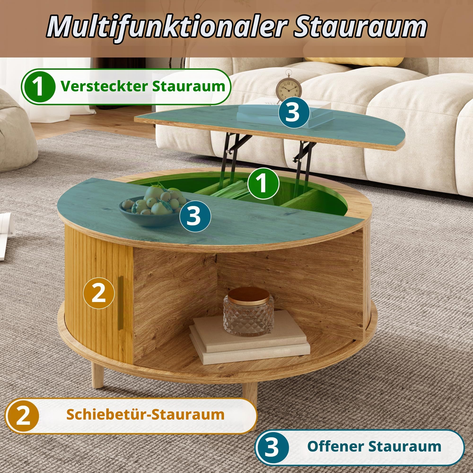 HAINEW Runder Couchtisch Wohnzimmertisch mit Höhenverstellbarer Tischplatte und Schiebetür, Sofatisch Beistelltisch Kaffeetisch mit Abgerundete Ecken, 80×80×59cm, HD26052604 (Eichenfarbe)
