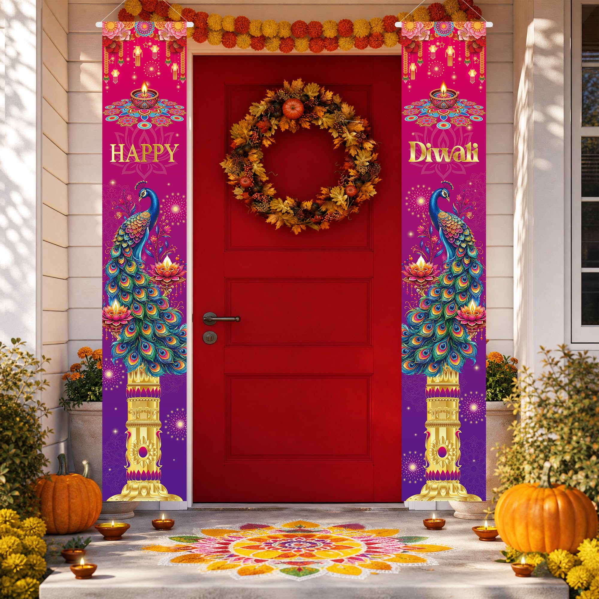 JoyAura 2Pcs Happy Diwali Door Banner Peacock Festival Hanging Decor