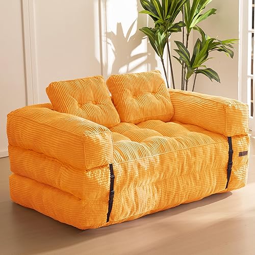 MAXYOYO Folding Sofa Bed, L-Shaped Convertible Sofa Bed with Armrest Foldable Sleeper Couch with Pillow, Portable Fold Out Chair Comfy Floor Couch Lounge for Living Room Bedroom, Orange, Double