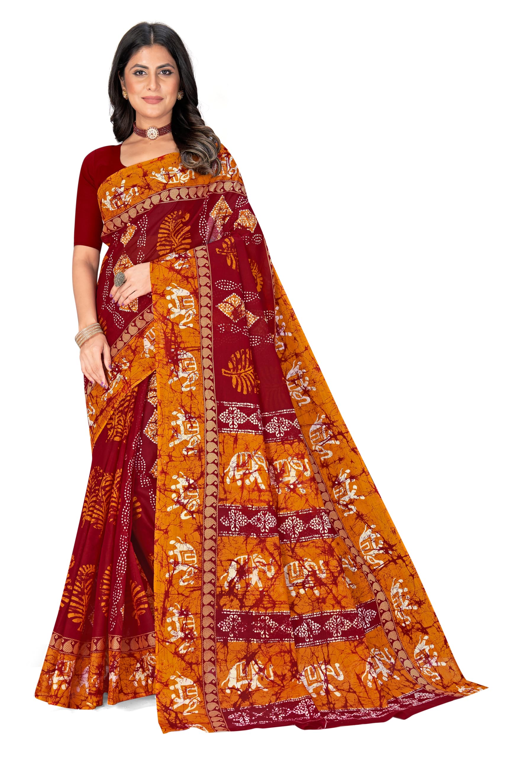 Tamaira Fashion Women's Batik Printed Pure Cotton Mulmul Saree Without Blouse Piece(11499_Maroon)