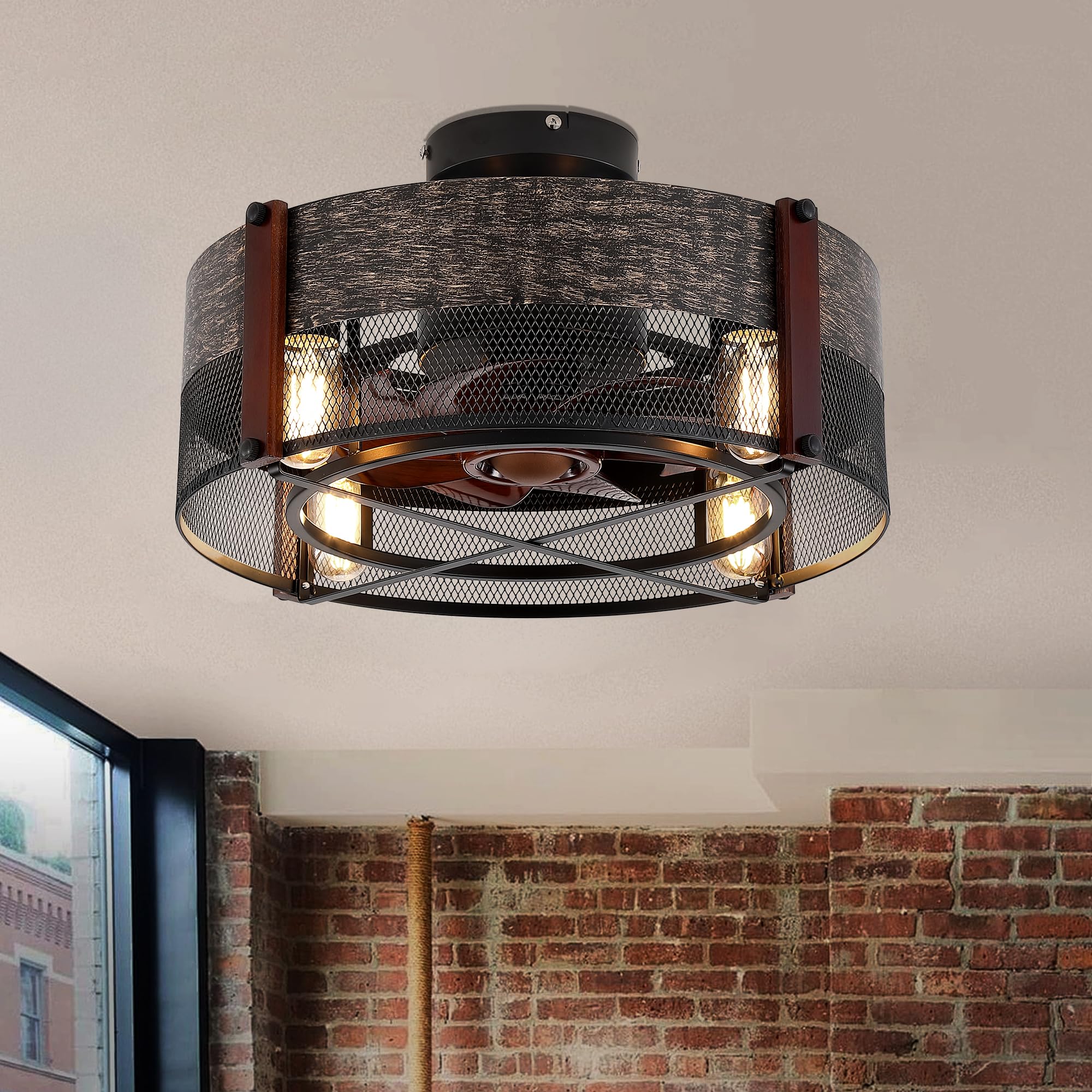 19''Low Profile Caged Ceiling Fan with Lights and Remote, Small Farmhouse Ceiling Fan with Light, Black Bladeless Ceiling Fan for Bedroom Kitchen,Reversible(Bulbs not Included)