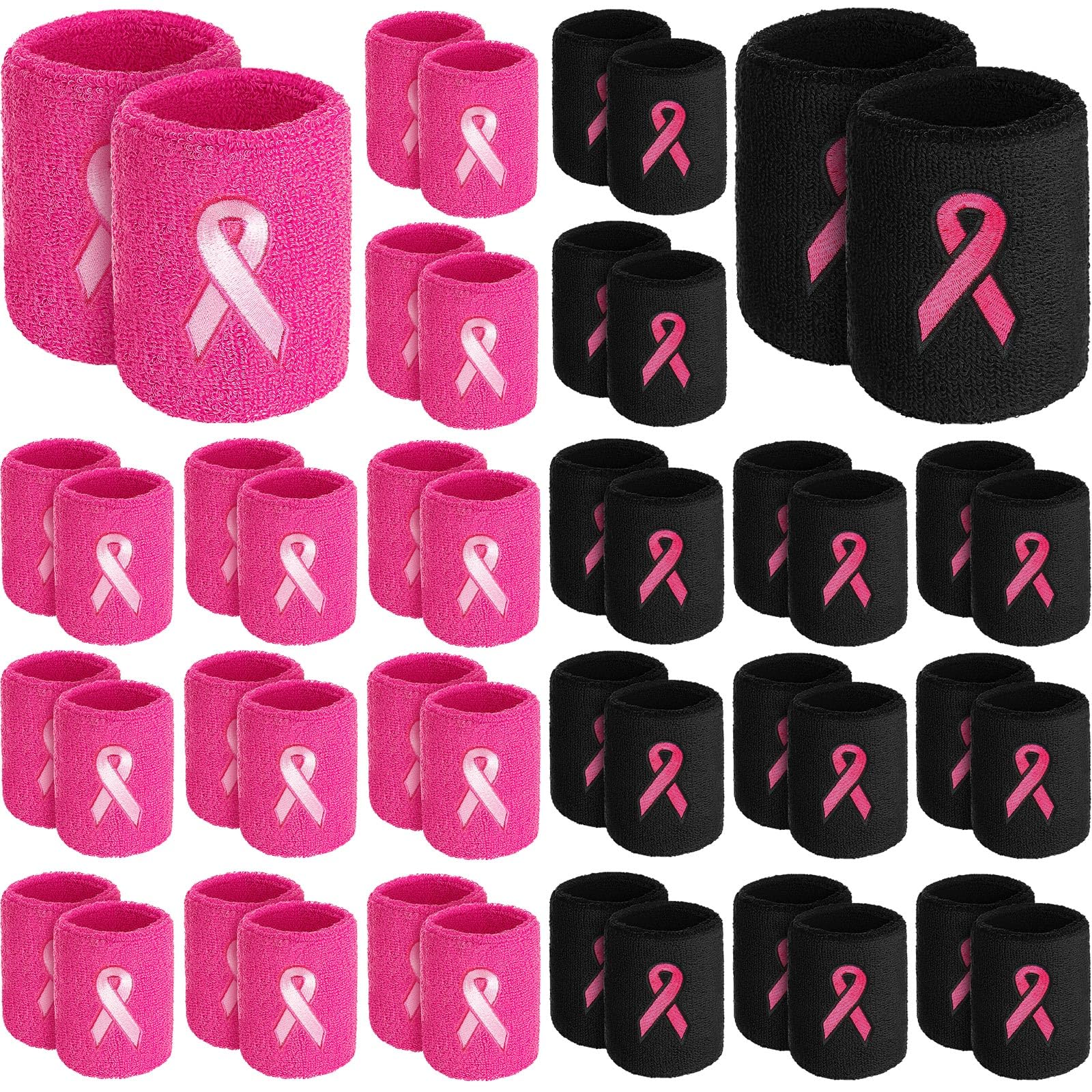 Leyndo 100 Pcs Pink Ribbon Wrist Bands Breast Cancer Awareness Wrist Sweatbands Gymnastics Sports Wristbands Cotton Arm Bands Football Wristbands for Men Women Working Out(Mixed Color)