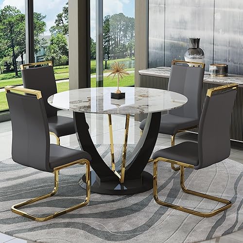 Miniatura 34 de JUFU Juego de mesa redonda de comedor para 6 con sillas, juego de mesa y sillas de 48" compuesto por 6 piezas con superficie de mármol y asiento