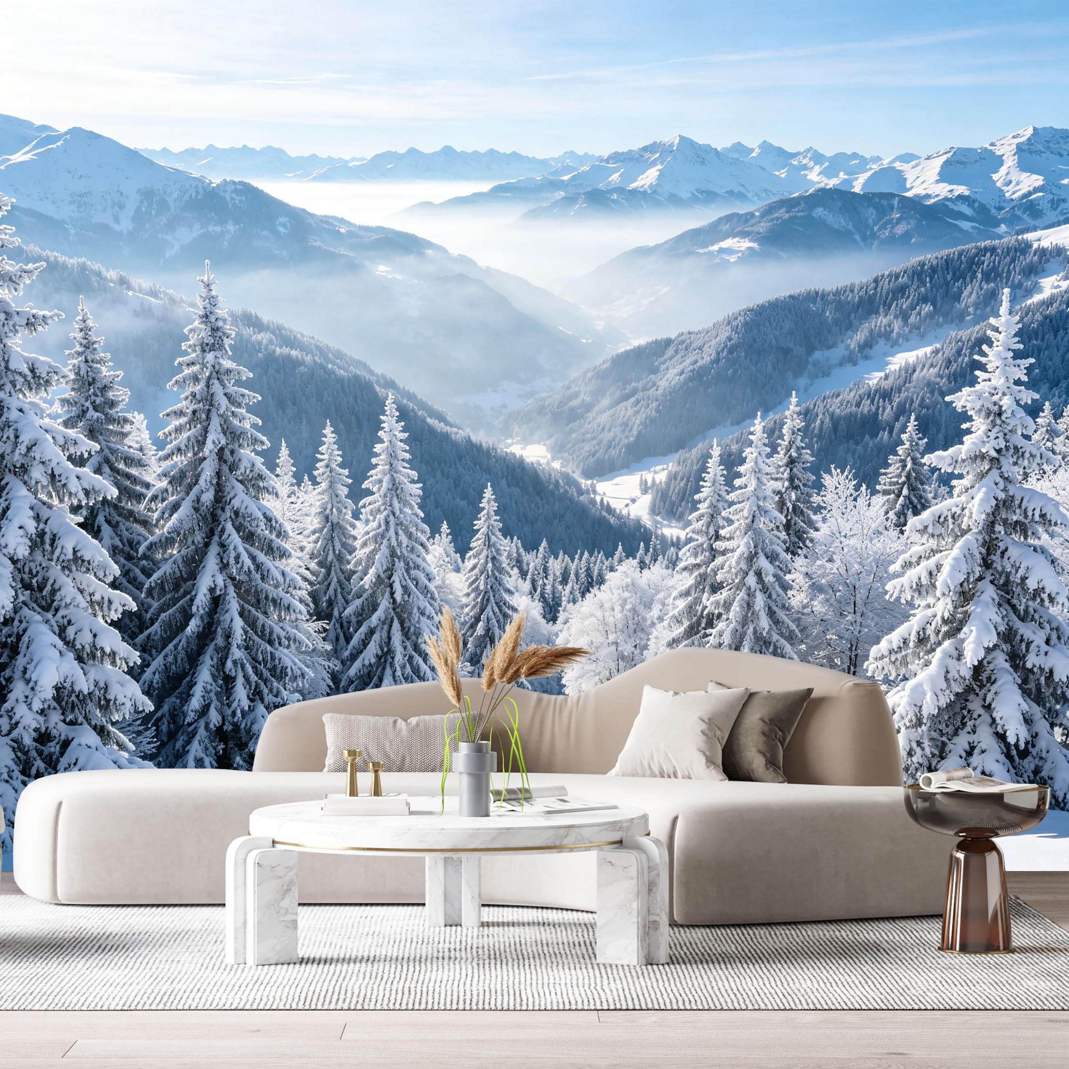 Custom Size Wall Murals Snowy Mountain Landscape Forest Valley Winter Sunrise SelfAdhesive Wall Fabric Removable Large Wallpaper for Photo Living Room