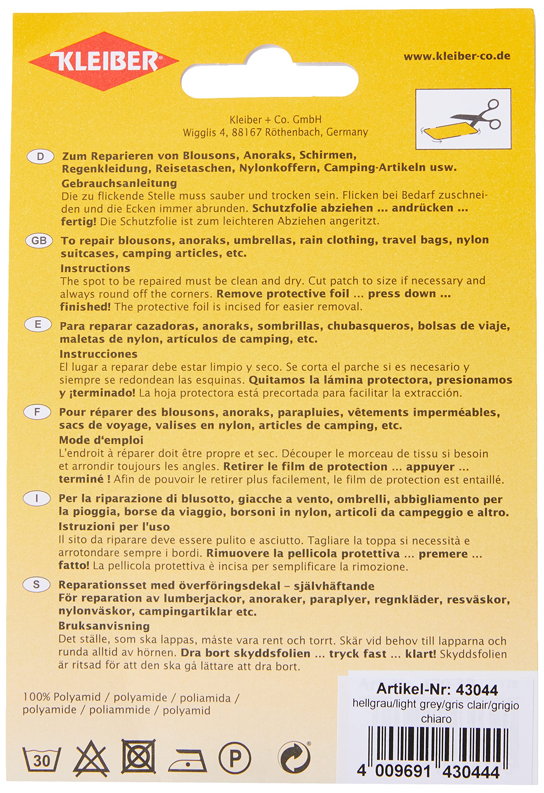 Kleiber Nylon-Flicken Selbstklebend, 2 Stück Hellgrau - Je Ca. 10x12 Cm