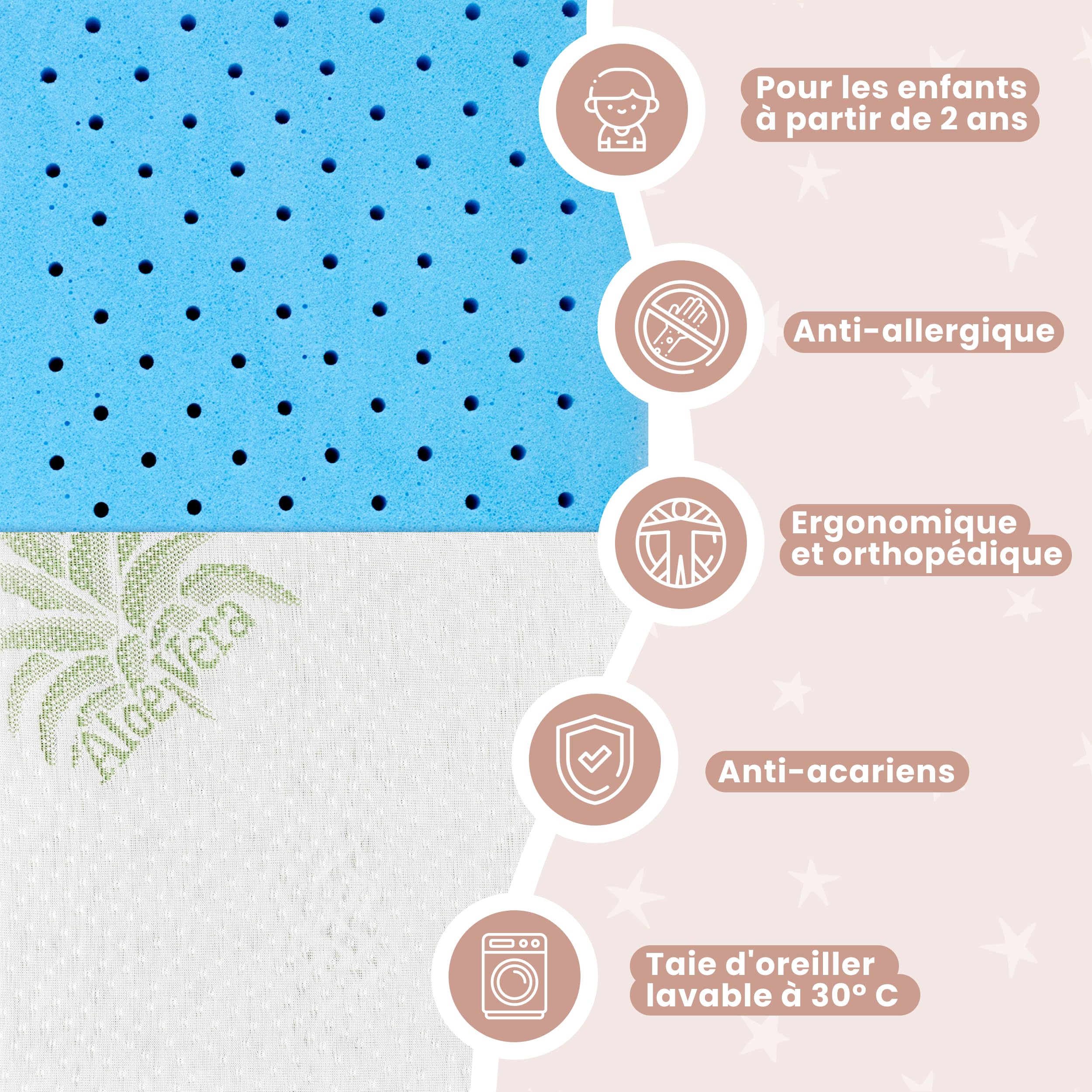 MIMUSELINA Oreiller Memoire Forme 50x30x5,5 cm pour Bébé et Enfants | Oreiller Ergonomique et Anti-Étouffement | Petit Coussin Respirant et Hypoallergénique | Housse Aloe Vera Amovible et Lavable