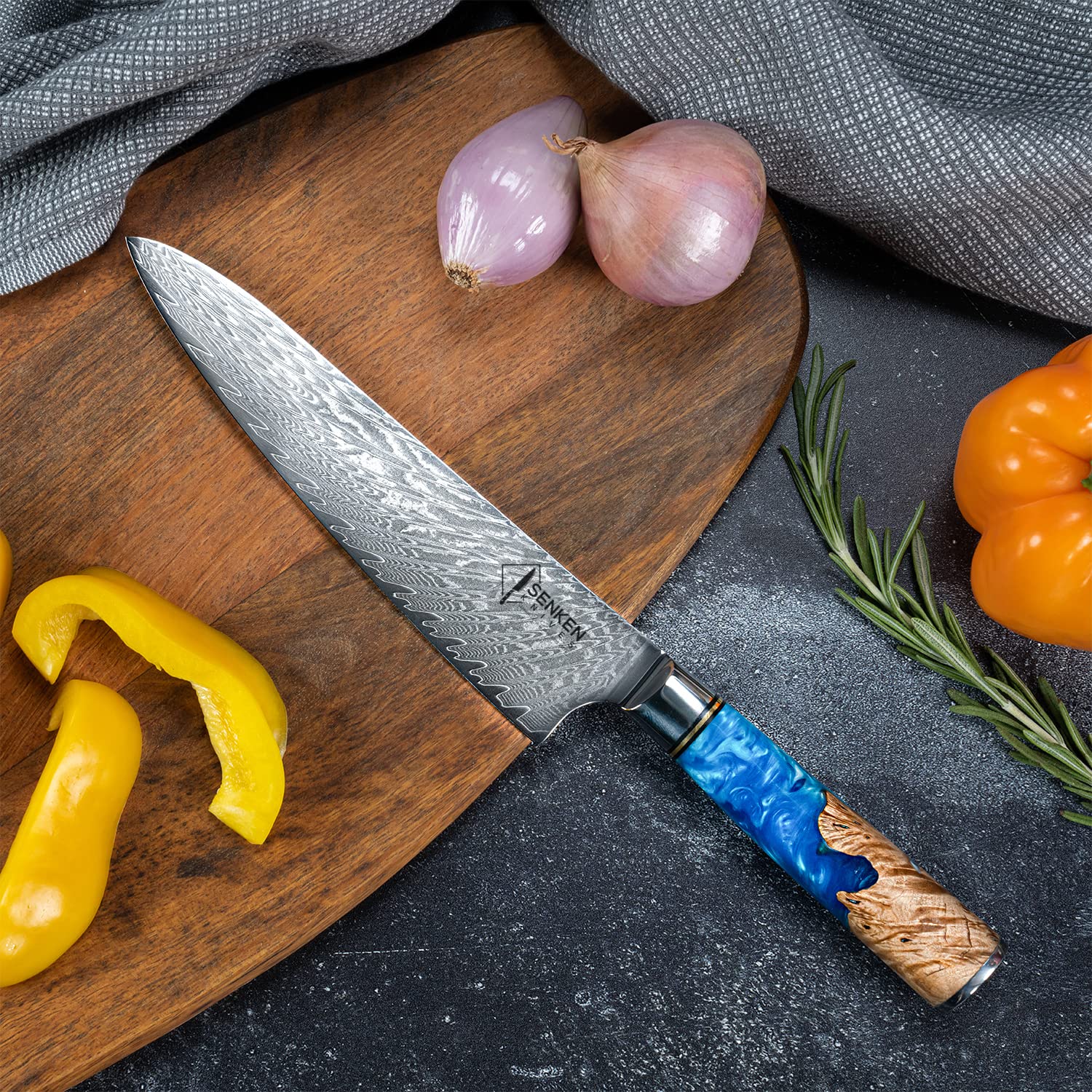 SENKEN Damascus Steel Chef's Knife - Tsunami Collection - 67-Layer Japanese VG10 Steel Core - Unique Blue Resin & Natural Wood Handle, Razor Sharp, Beautiful Damascus Wave Pattern (8" Chef's Knife) — Amazon image 4