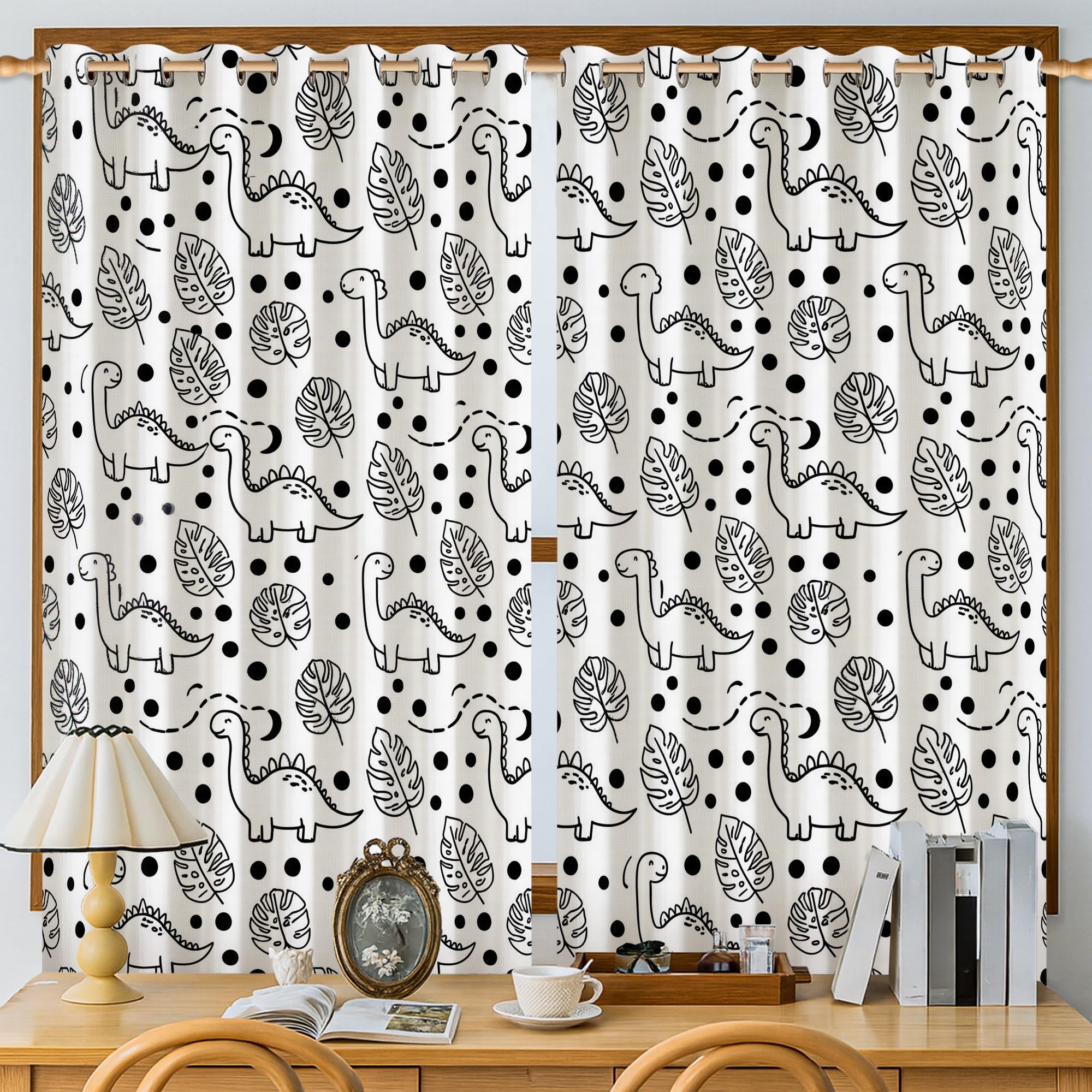 Rideaux occultants à isolation thermique pour salon, maison, bureau - Motif dinosaure - Motif à pois - 132 x 137 cm - Noir