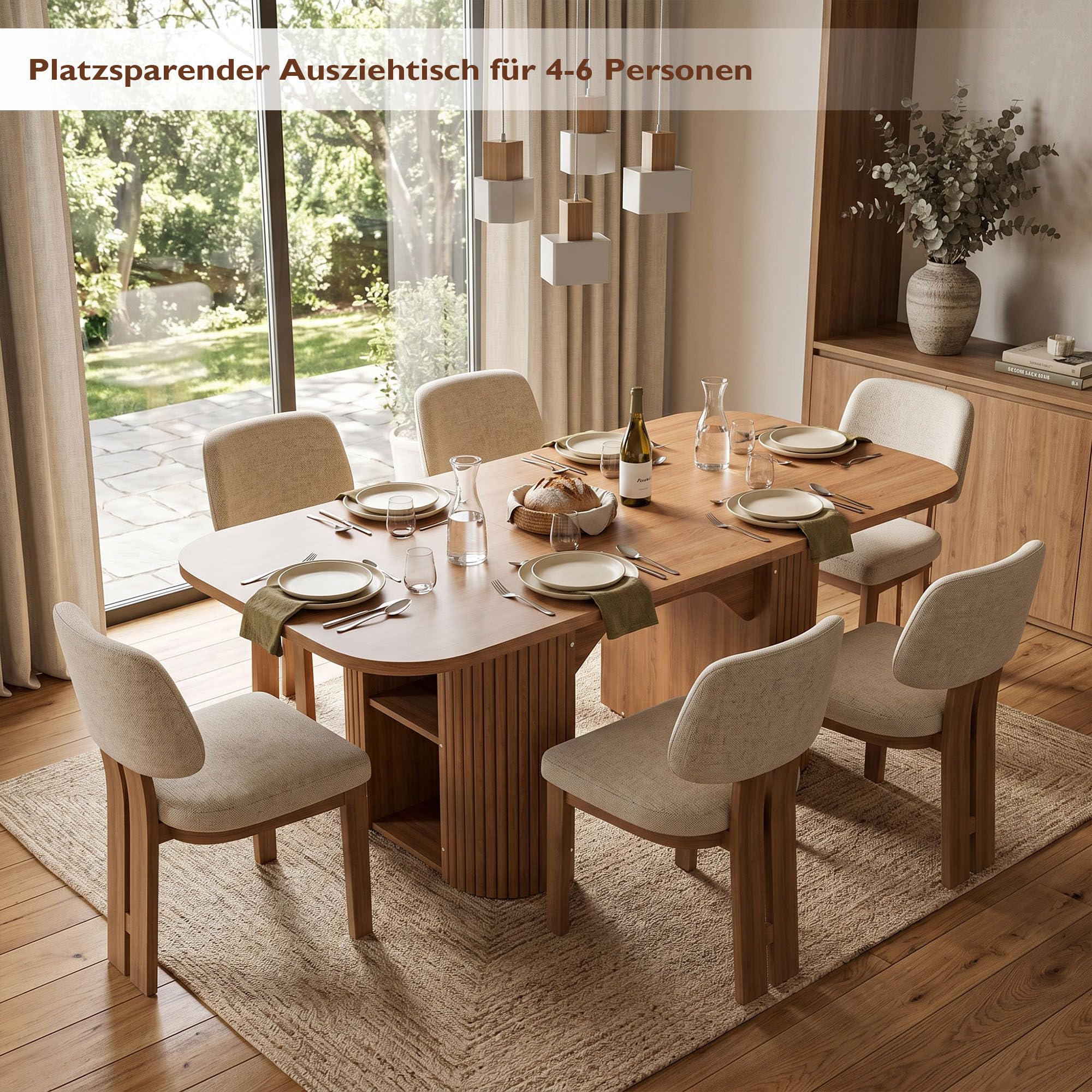 GRAVFORCE Esstisch ausziehbarer 120-160 cm Oval Küchentisch mit Stauraum | Seitenschränken, platzsparender Esszimmertisch für 4–6 Personen robuste Holzoptik für Esszimmer Nussbaumbraun