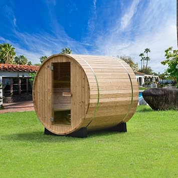 WOODBRIDGE 4-Person Luxury Finland Thermo Pine Outdoor Barrel Sauna with Half View Window,Harvia Electric Heater with Sauna Stone, Sauna Accessories Kit and Asphalt Shingle Roof, 4x6, OBS1818