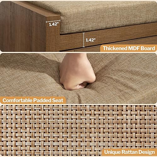 Miniatura 5 de SICOTAS Rattan Shoe Bench Entryway Bench with Storage Drawer and Linen Seat Cushion, Farmhouse Boho Shoe Rack Bench with Shelf, Wooden Storage Bench