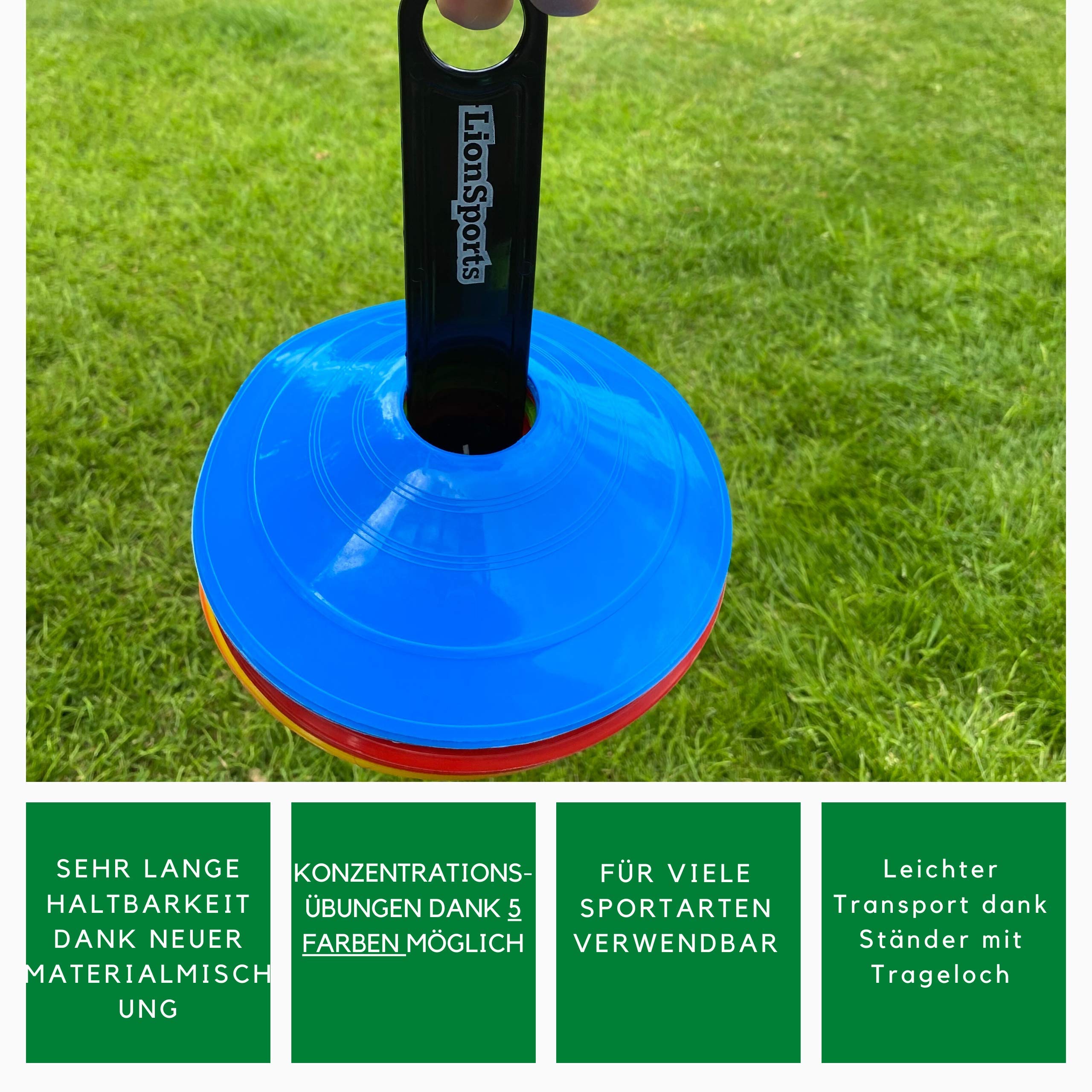 Profi Markierungshütchen Set (verbesserte Version 2024) – Perfektes Fussball Trainingszubehör - Mit praktischem Halter - Perfekte Fussball Hütchen