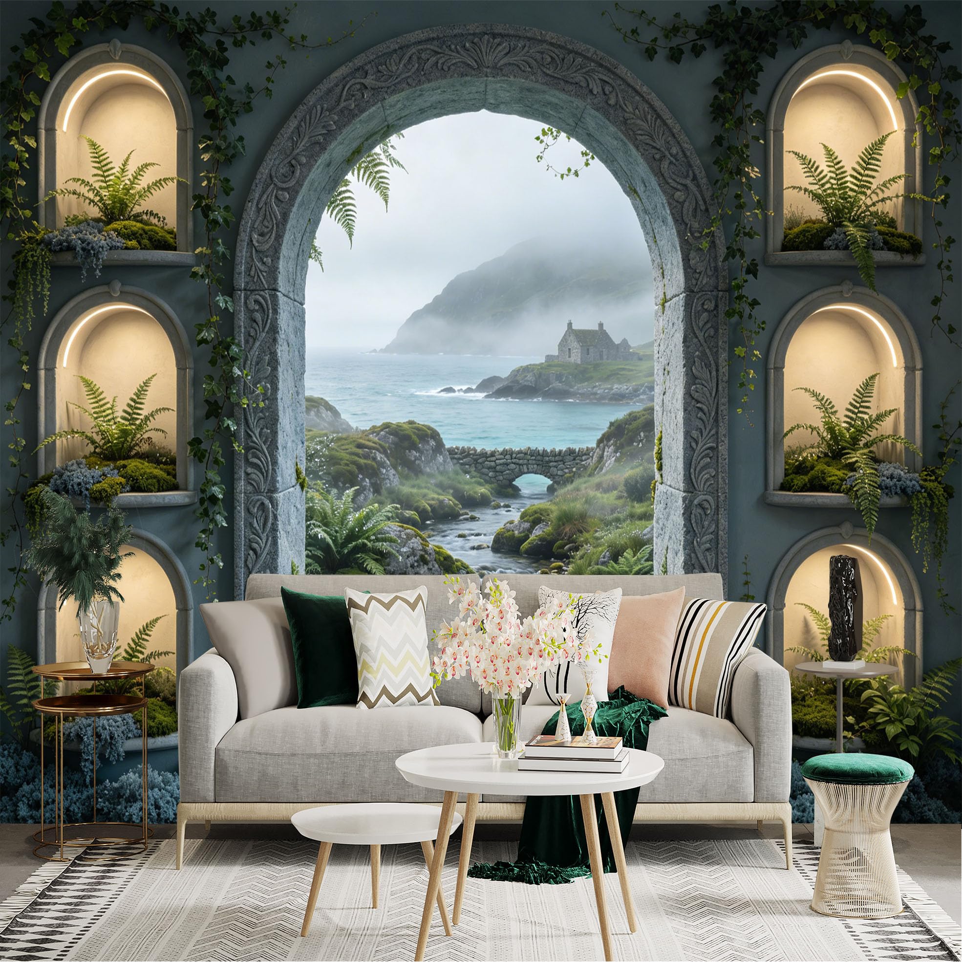 Custom Size Wall Sticker Mural， Stone Arch Window with Coastal Landscape， Waterfall and Cottage View， for wall Decoration， peelandstick wall Decals.