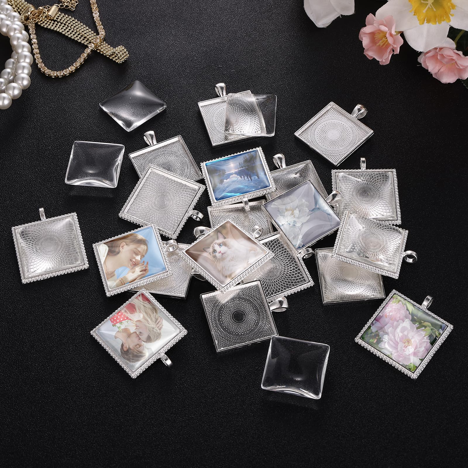 BOOMTOP 100pcs Plateaux Supports Pendentif 25mm Avec Cabochons Verre - Kit DIY Bijoux Argent