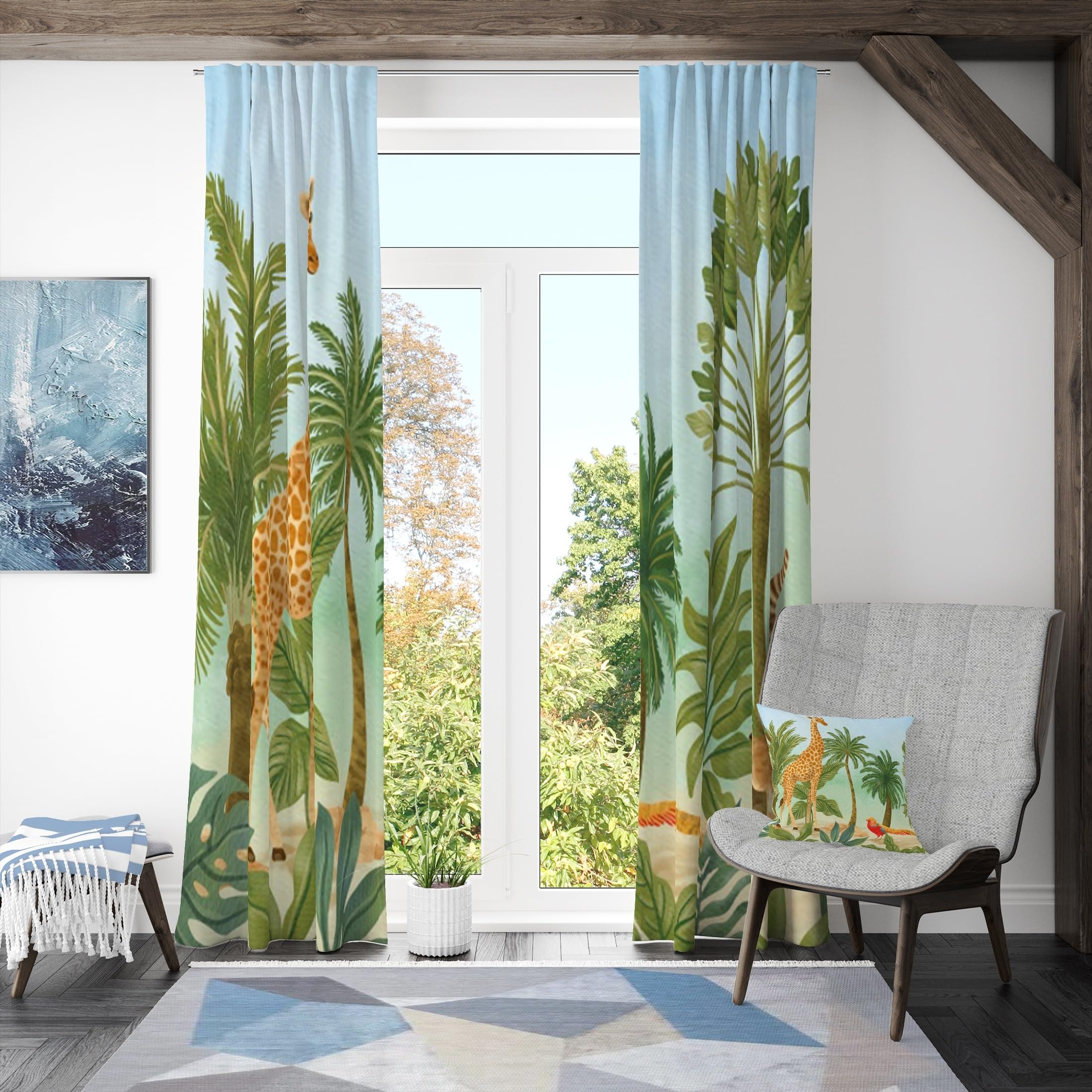 ggaimwf Safari Curtains for Nursery Jungle Giraffe Bird Palm Trees Zoo Colorful Animal Print Window Curtain Rod Pocket Family Kids Bedroom Interior Dividing Curtain 117x183cm 2 Panels - Image 2