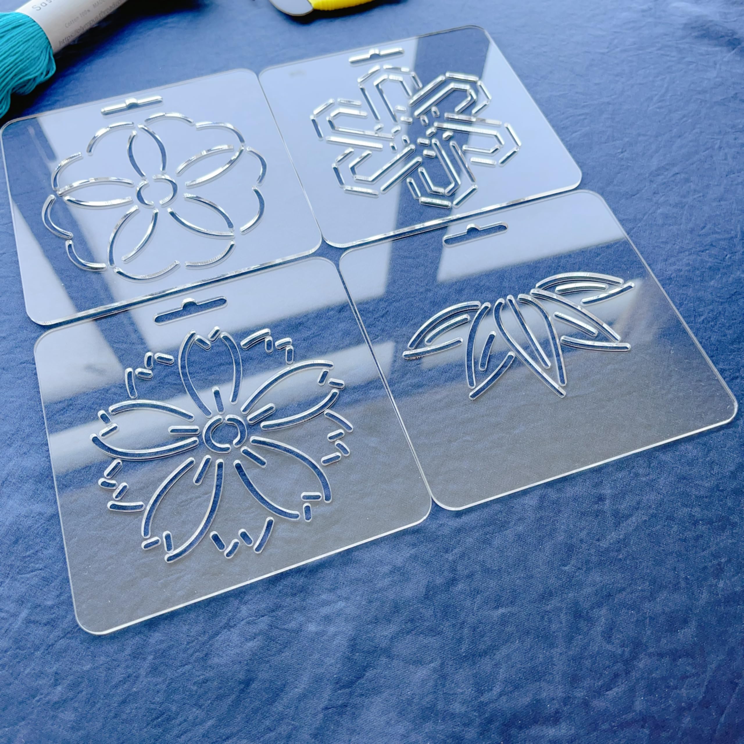 Clear Acrylic Sashiko Stencil, Traditional Flower Pattern, 12 x 12 cm, for Hand Quilting and Embroidery (Set of 4)