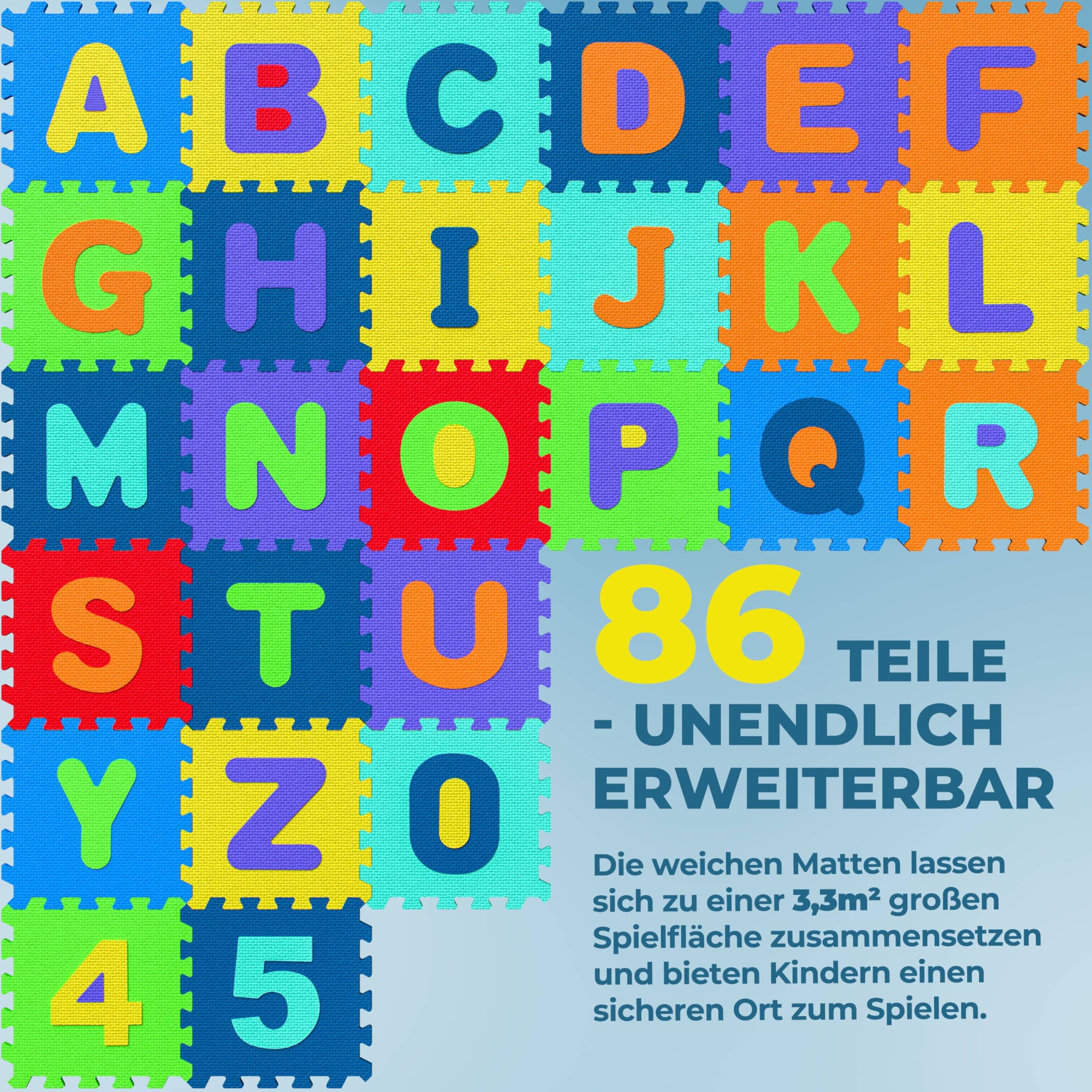 Spielwerk® 86-teilige Puzzlematte Baby Bunt 3,3m² Buchstabenteppich ABC Matten für Kinder Spielunterlage Boden Krabbelmatte Kinderzimmer Puzzleteppich Spielteppich für Kinder