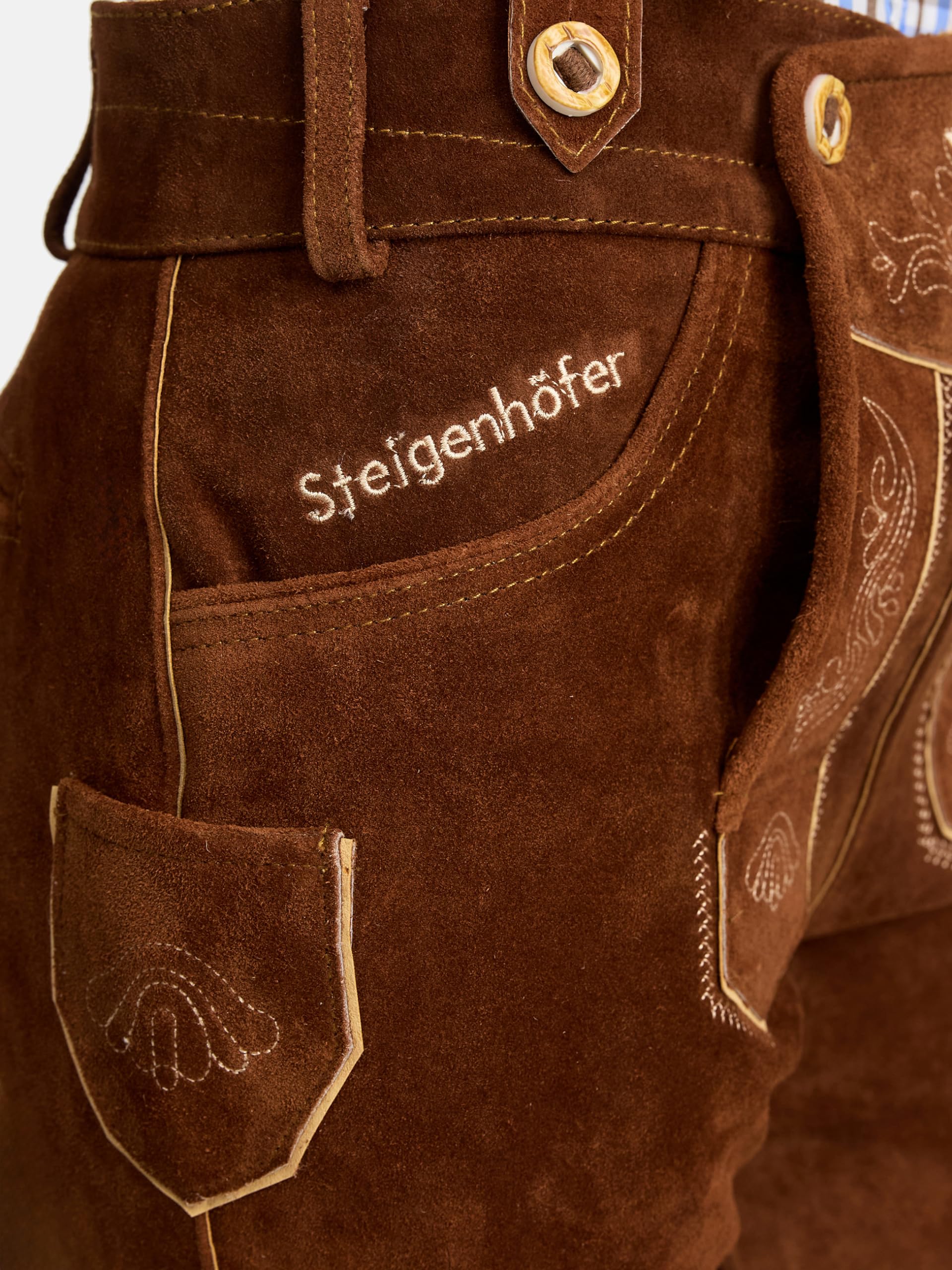 Steigenhöfer Lederhose Damen Tracht Shorts - 100% Rindsleder - Annika - Traditionelle Kurze Hose für Frauen - Inklusive verstellbaren Trägern - Gürtelschlaufe - Dirndl Alternative