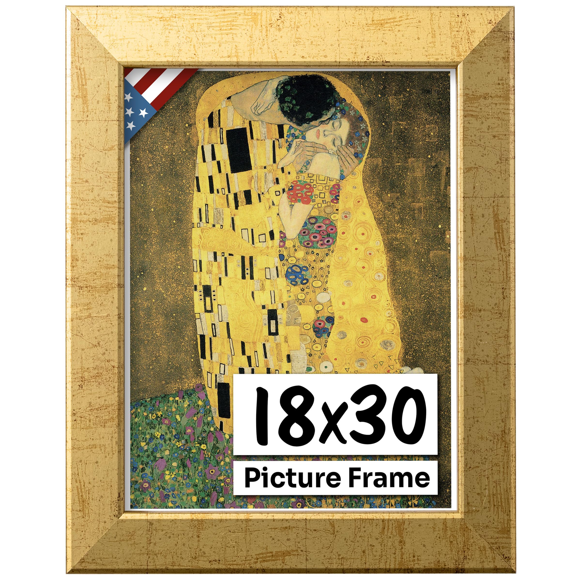 US Art Flat Antique Gold 18x30 Picture Frame - Handmade American Flat 1" Wide Engineered Wood Frame for Wall Décor with Preinstalled Hangers and UV