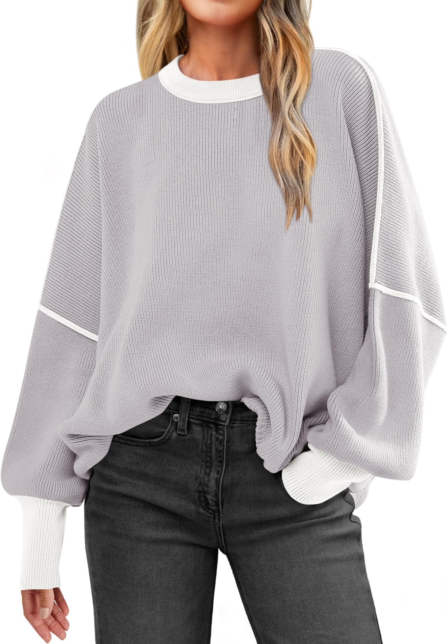 ANRABESS Womens Oversized Sweaters Fall 2025 Fashion Crewneck Batwing Long Sleeve Side Slit Knit Pullover Sweater Tops Beige Grey-L
