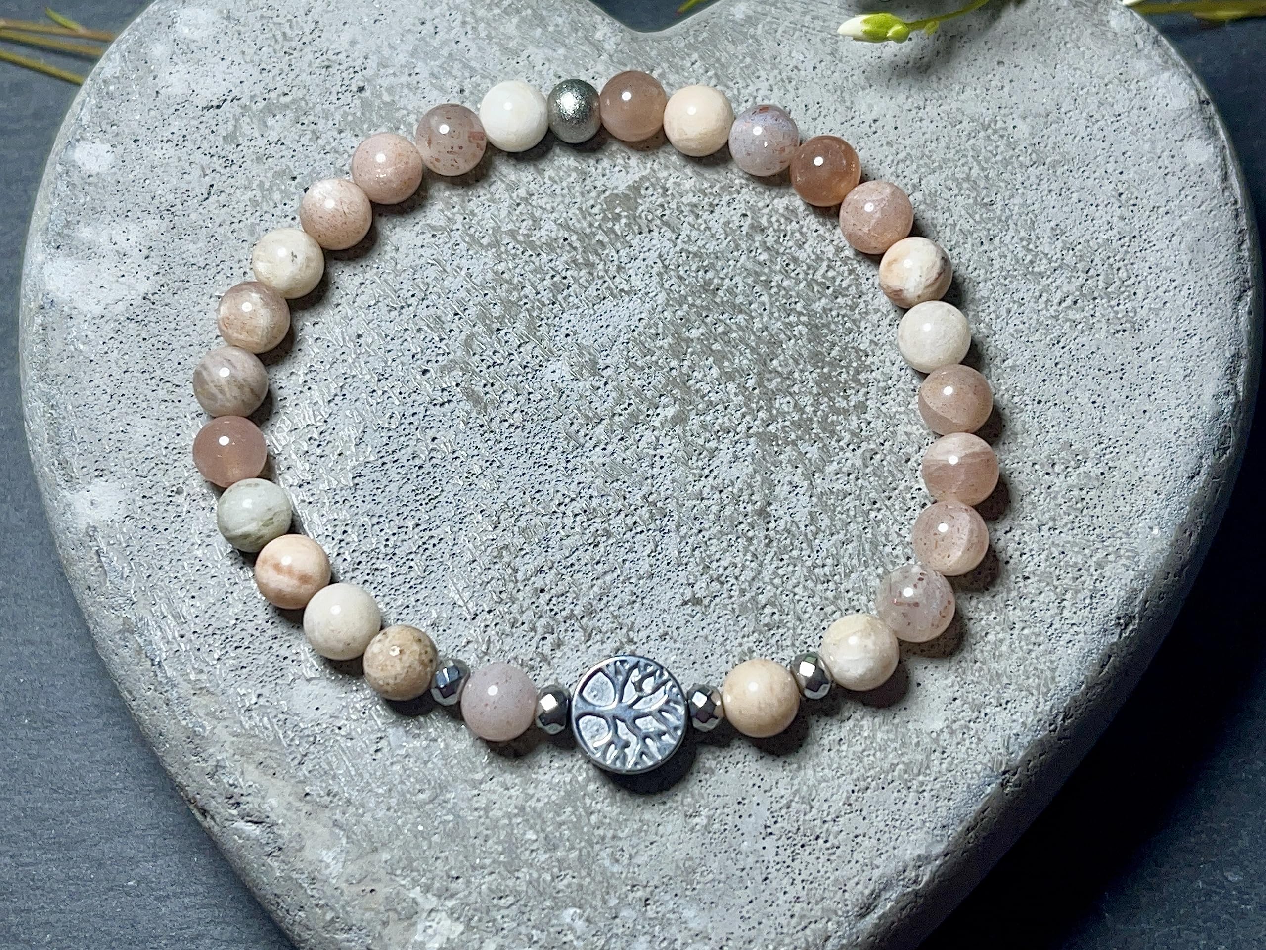 Mondstein Sonnenstein Mix Armband Perlen echt 6mm Lebensbaum Hämatit Silber - Handmade Perlenarmband Weiblichkeit Herzenswärme - Spiritueller Schmuck Unisex - Personalisierbar