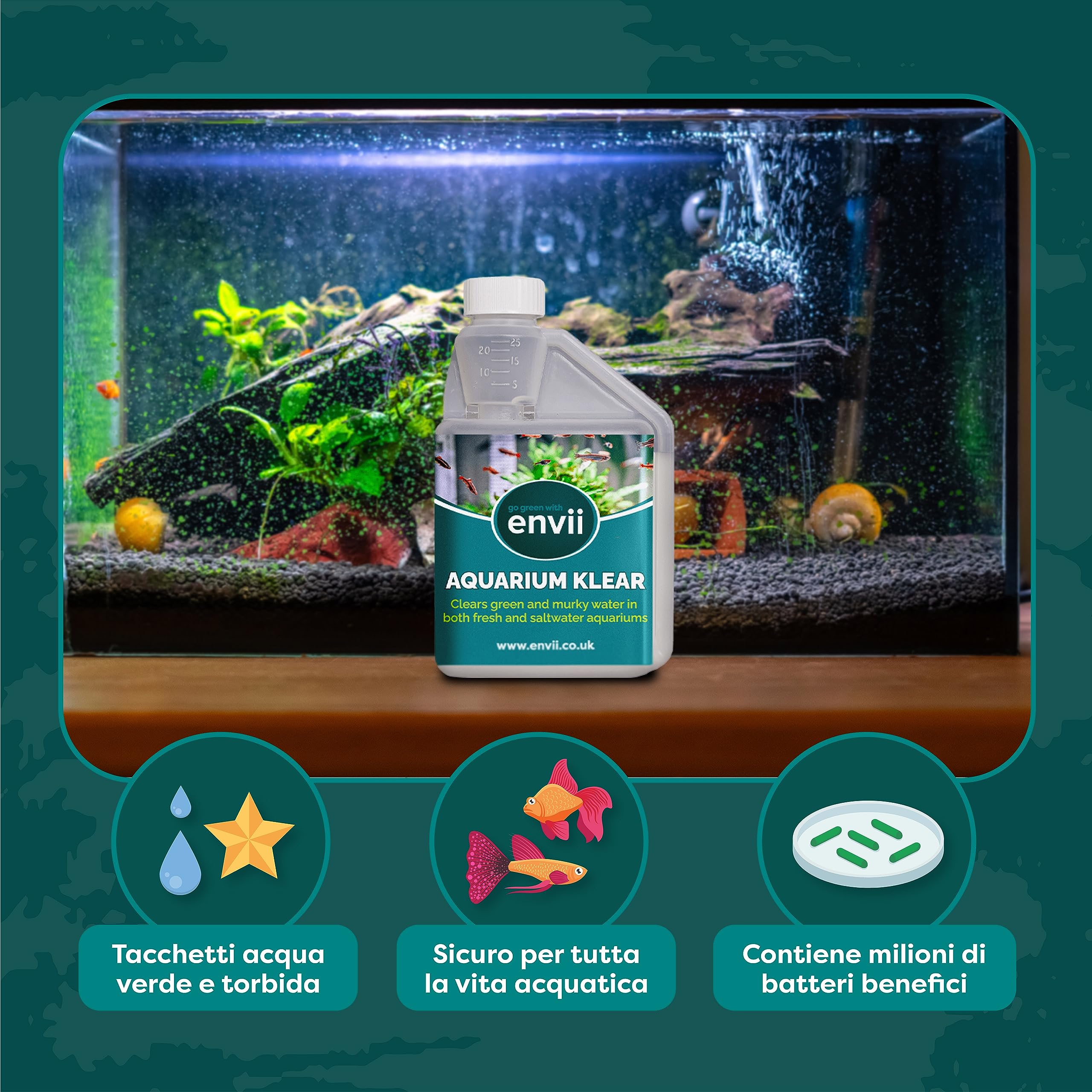 envii Aquarium Klear - Antialghe Acquario Dolce Batteri Trattamento per l'acqua - Trattamento Naturale per Acqua Cristallina - 500ml Tratta 4.000L - Attivatore Batterico Acquario Dolce