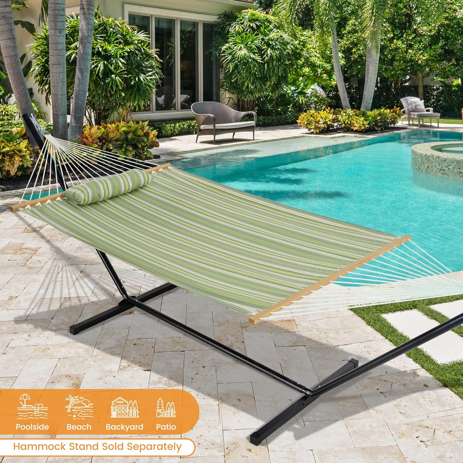 Lazy Daze Hammocks 12 FT Sunbrella Fabric Hammock not Fading with Spreader Bars and Free Pillow Fits for 2 Persons, All Weather and Fade Resistant, 450 lbs Capacity, Foster Surfside with RAIN Finish