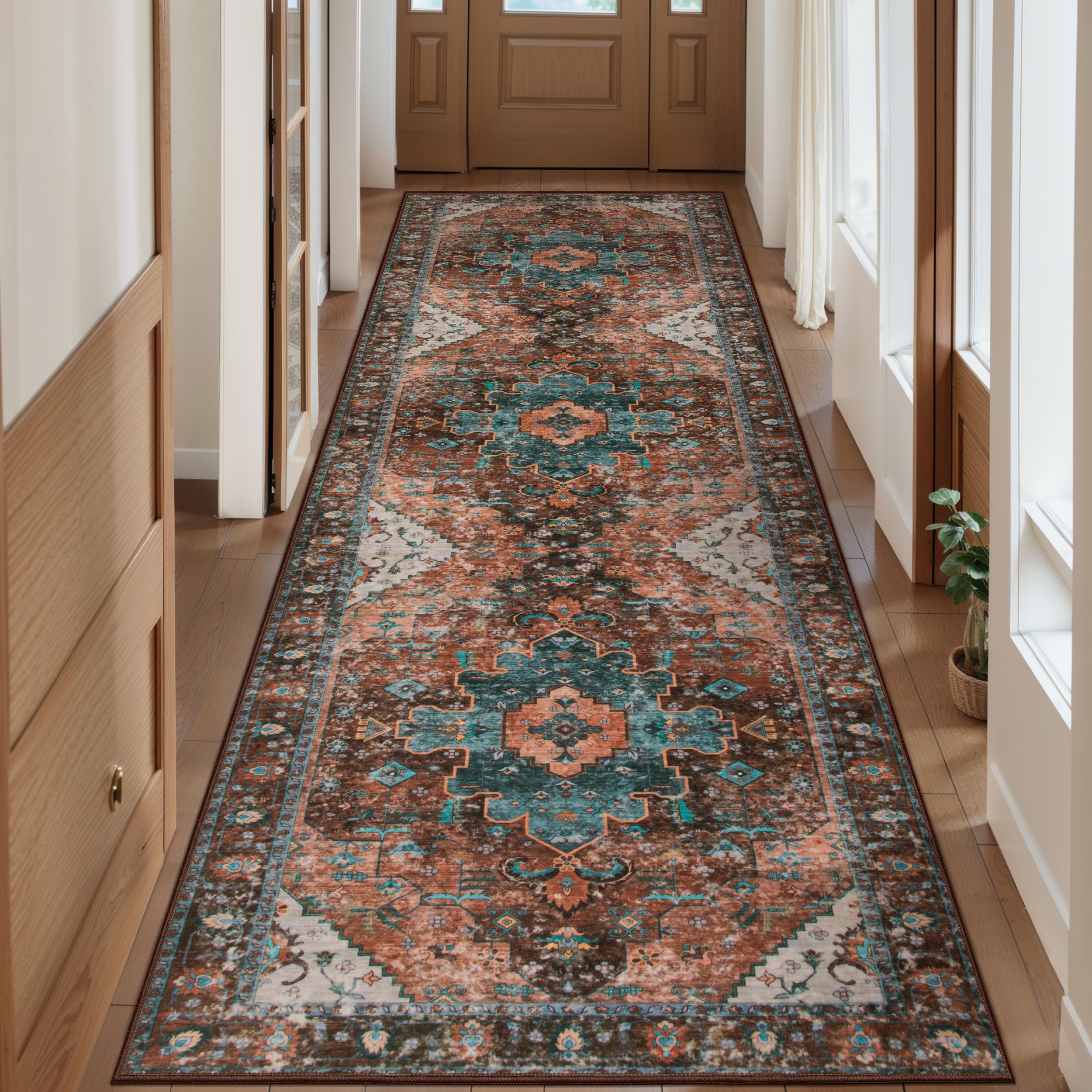 Ciicool Washable Vintage Runner Rug - 2'6" x 10' ft Hallway Carpet, Boho Low Pile Long Non Slip Soft Stair Runner Kitchen Carpet Indoor Oriental Throw