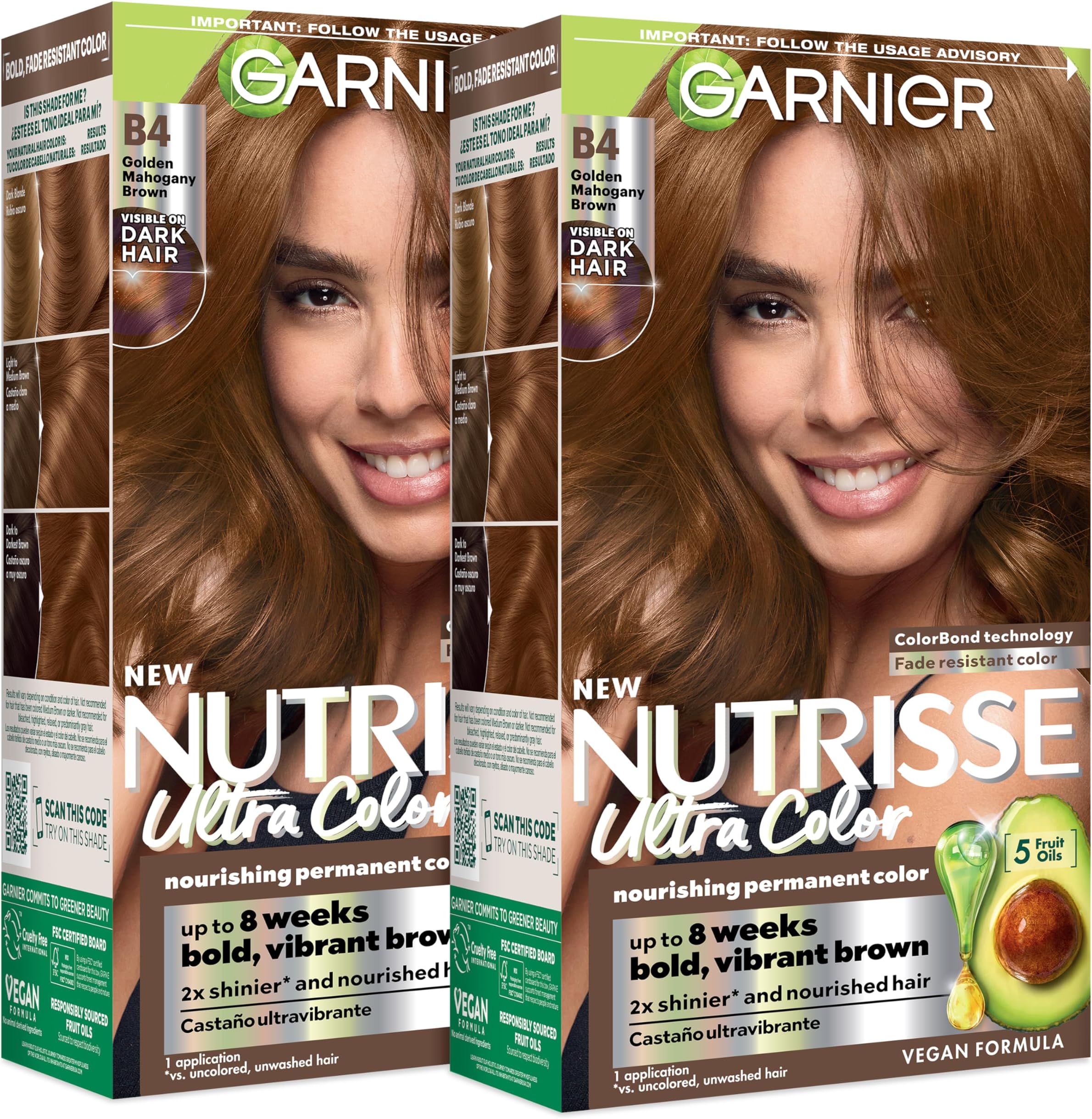 Nutrisse Ultra Color Hair Color, Permanent Hair Dye for Up to 8 Weeks of Bold, Vibrant, Fade-Resistant Results, Vegan & Cruelty-Free, B4 Golden Mahogany Brown (Caramel Chocolate), 2 Count