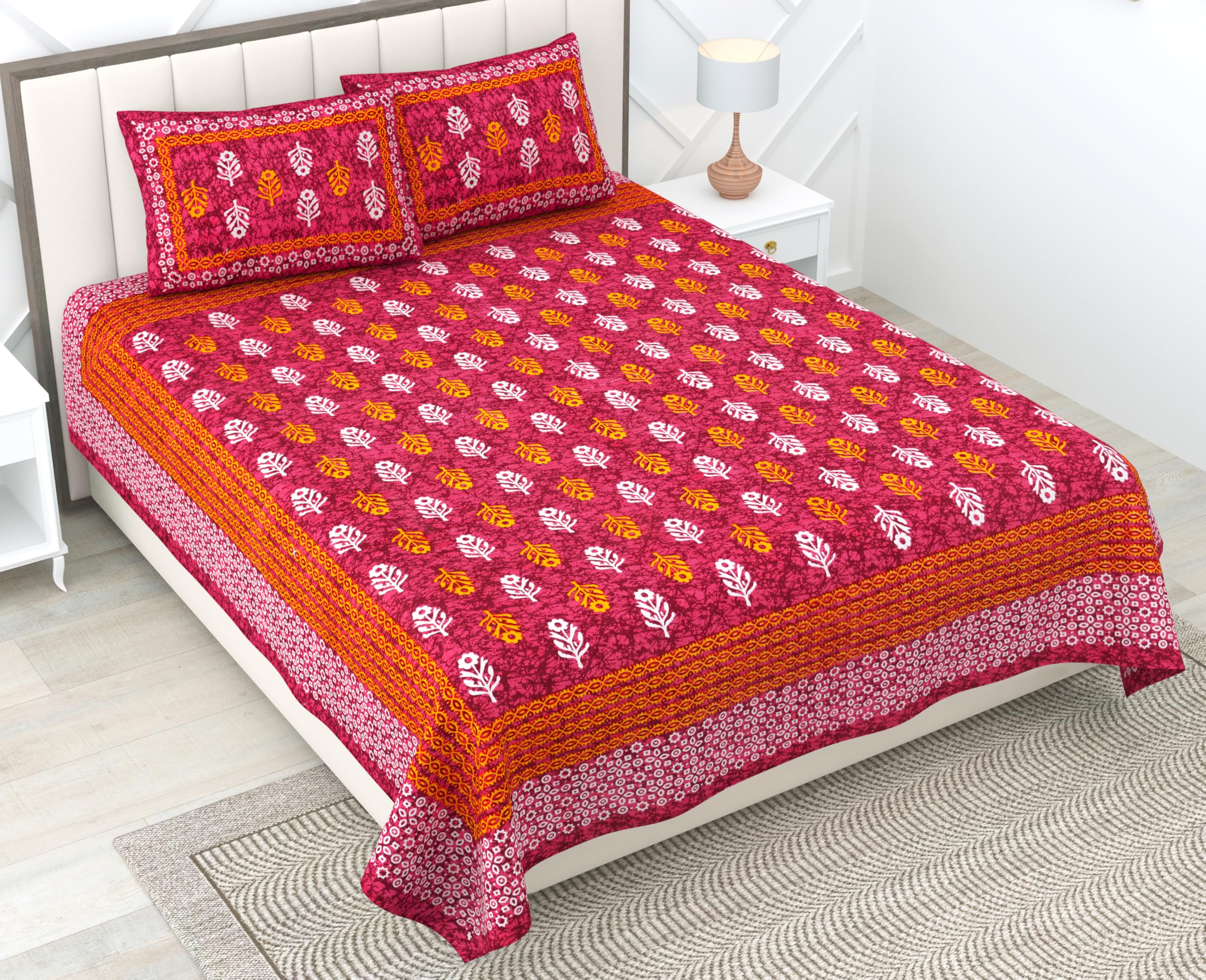 RajasthaniKart® 100% Cotton 180 TC King Size BEDSHEET with 2 Pillow Cover - 90X108 (Suitable for King Size Bed Sheet or Double Bed, Red Booty Jaipuri, 5302)