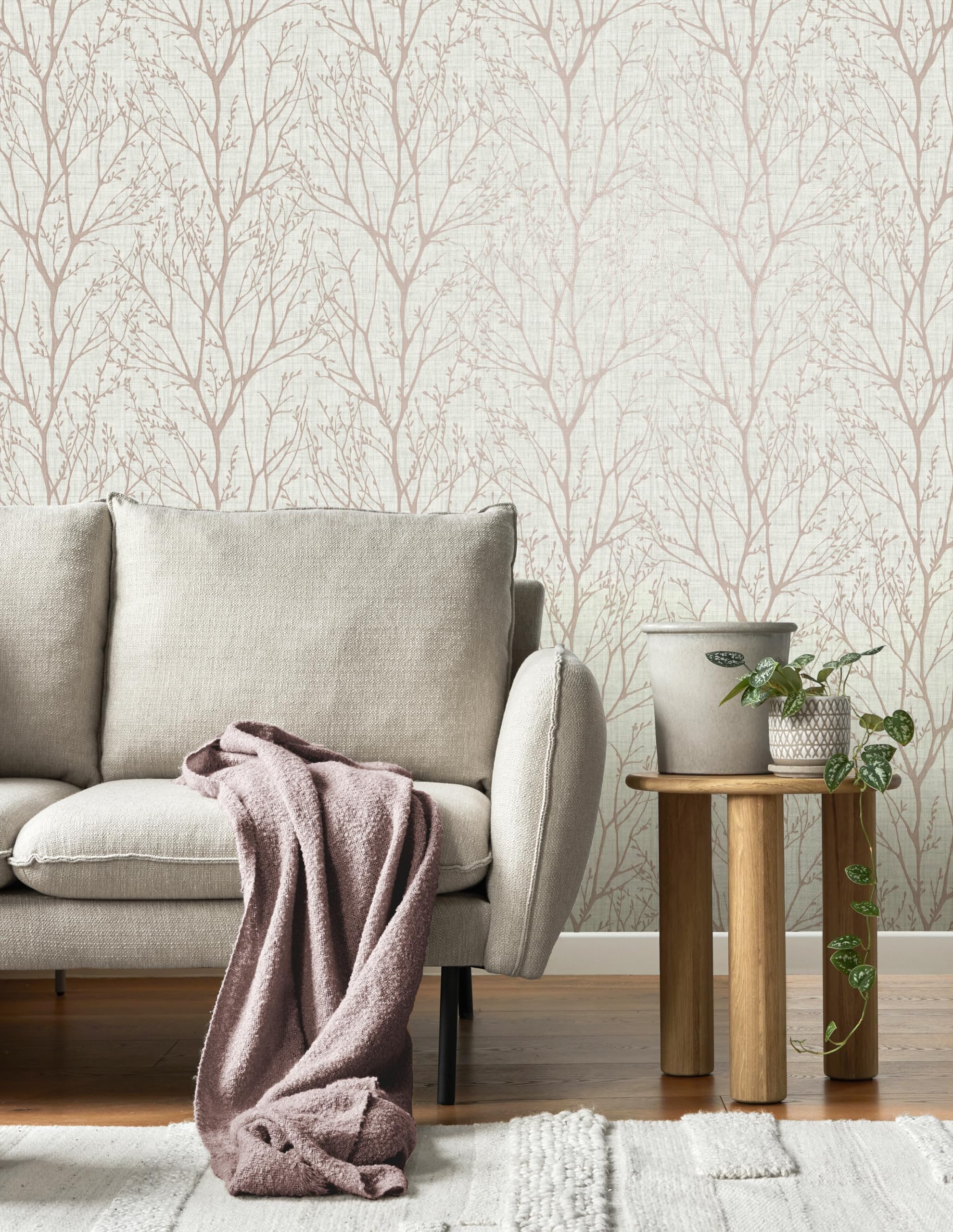 Crown M1874 Lynford Trees Mid Weight Vinyl Wallpaper, Blush, 53 x 1000 cm - Image 4