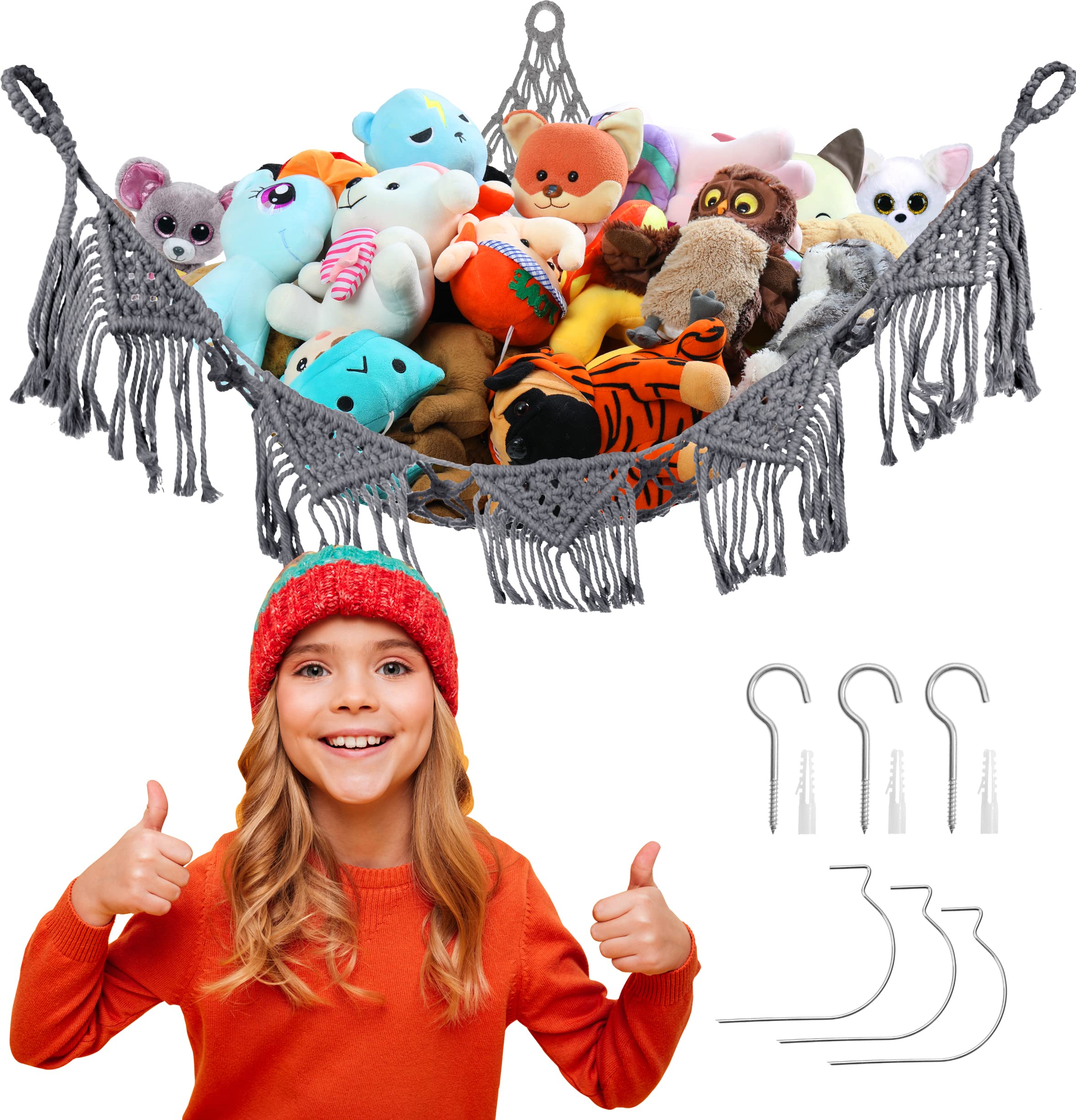 Huddle Supply Co Macrame Stuffed Animal Hammock for Stuffed Animals - WASHABLE, No-DRILL Toy Net for Stuffed Animals Storage - Boho Stuffed Animal Net Plush Pet Net Corner Display (Grey)