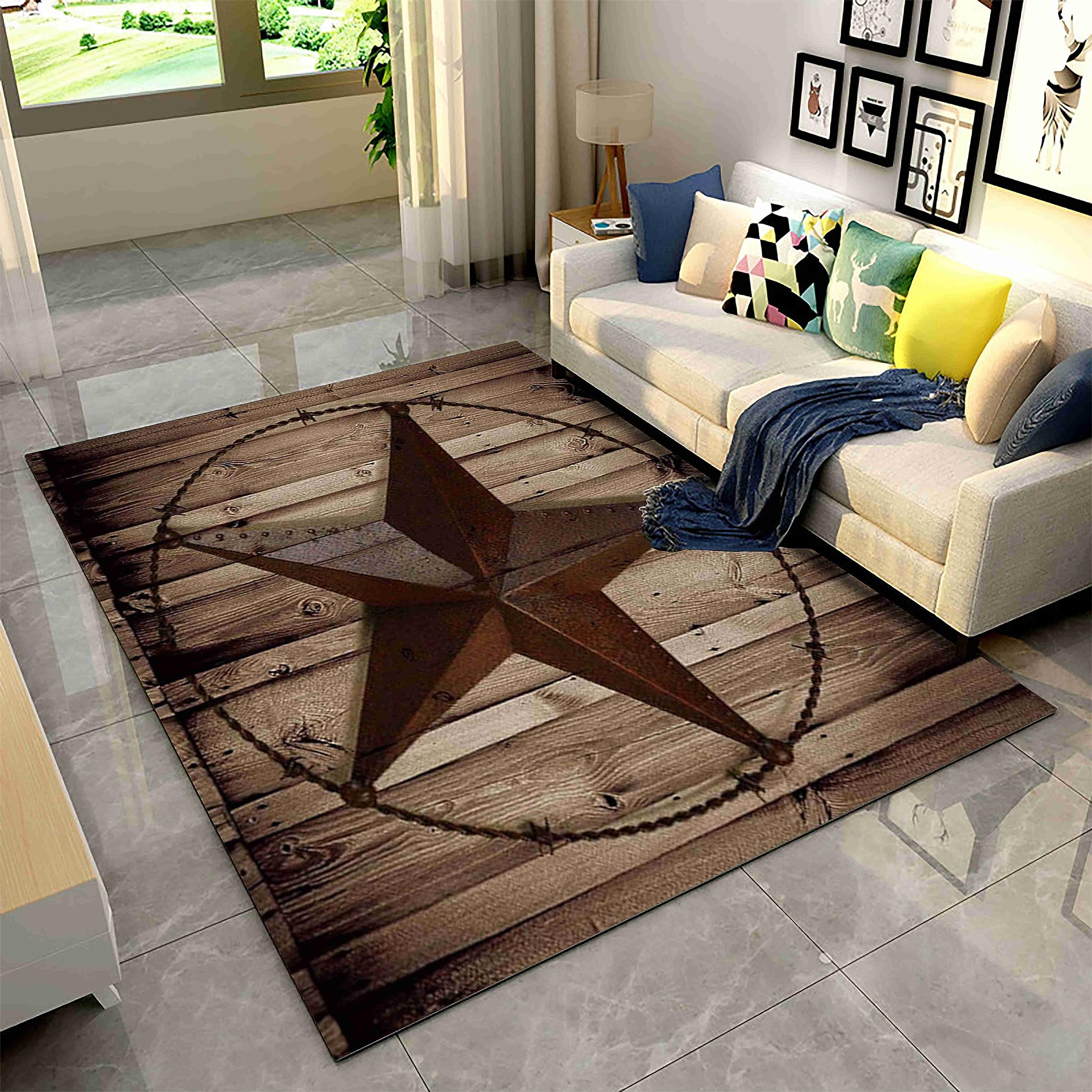 Vintage Wood Plank Star Area Rug, 4x6ft, Texas Country Style Bedroom Rug, Non-Slip Easy to Clean Carpet, Machine Washable Soft Durable Rug for Living