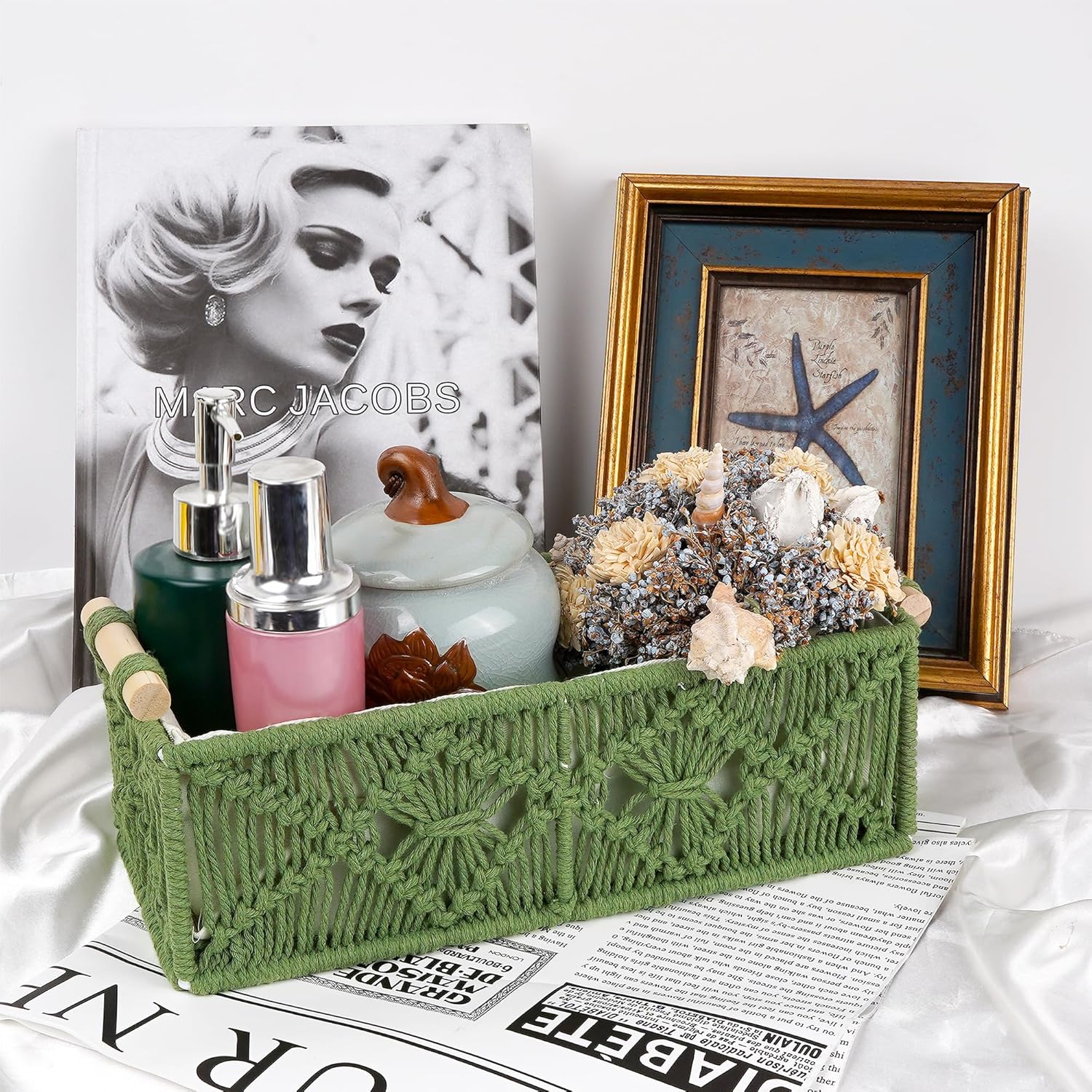 Green Macrame Storage Baskets, Boho Woven Decor Organizer for Countertop Toilet Tank Shelf Cabinet Bathroom Living Room Entryway (Set of 2)