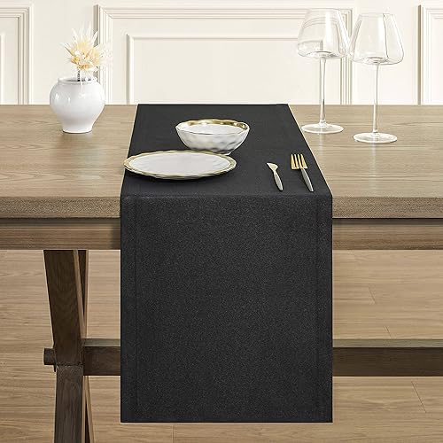 Miniatura 2 de Camino de mesa estilo lino básico, 14 x 36 pulgadas, color negro, rústico de granja, color negro, camino de mesa de poliéster para uso diario,