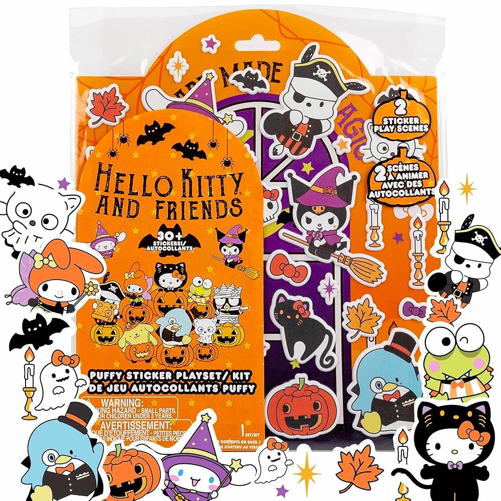 Hello Kitty and Friends Halloween Puffy Playset, Includes 30+ Stickers, 2 Play Scenes, Reusable for Kids