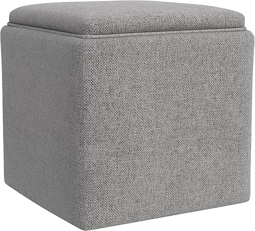 Miniatura 8 de HomePop Otomana de almacenamiento para decoración del hogar con parte superior de madera, otomana tapizada moderna cuadrada de almacenamiento con