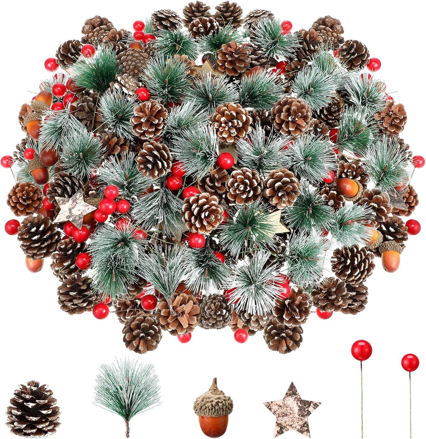 LATERN 108Pcs Christmas Artificial Pine Cone Red Berry Set, 24Pcs Pine Cones, 12Pcs Pines Branches, 12 Pcs Acorns, 12 Pcs Wooden Stars, 48Pcs Red Berries - Christmas Wreath Tree Ornament Craft Decor