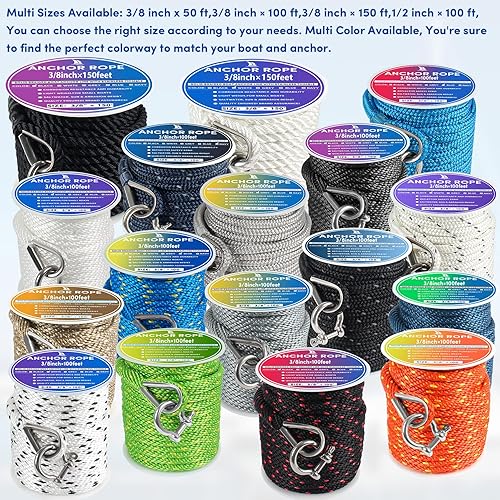 Vista 89 de Cuerda de anclaje premium de 100 pies x 3/8 pulgadas, cuerda marina de línea de anclaje MFP trenzada sólida con dedal y grillete, color negro