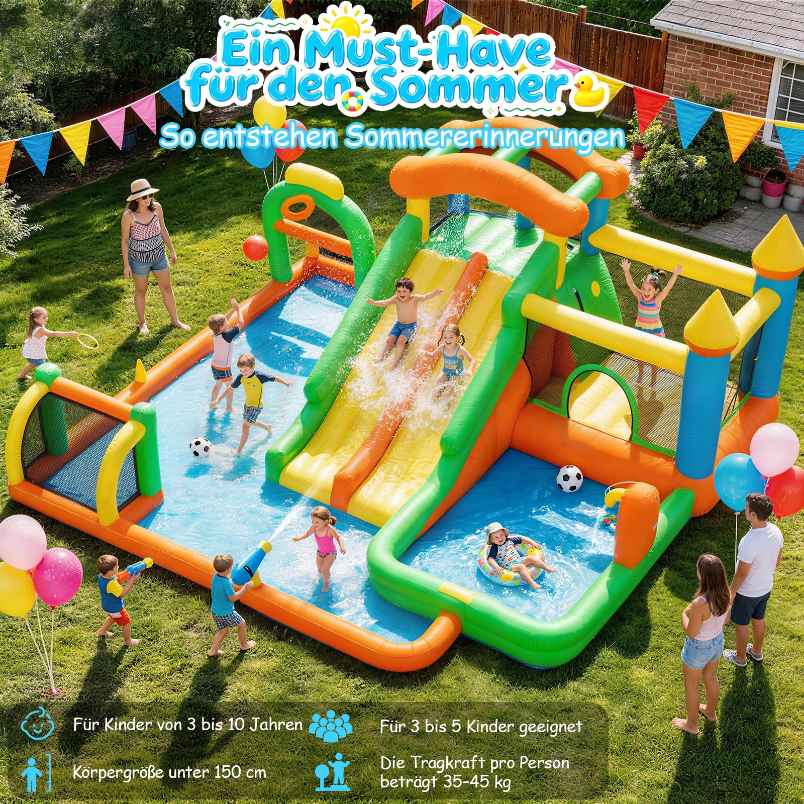 FOOING Gran tobogán acuático inflable con 2 toboganes y piscina infantil para niños, castillo hinchable con dos pistas para fiestas en el jardín y en el patio, diversión de verano al aire libre