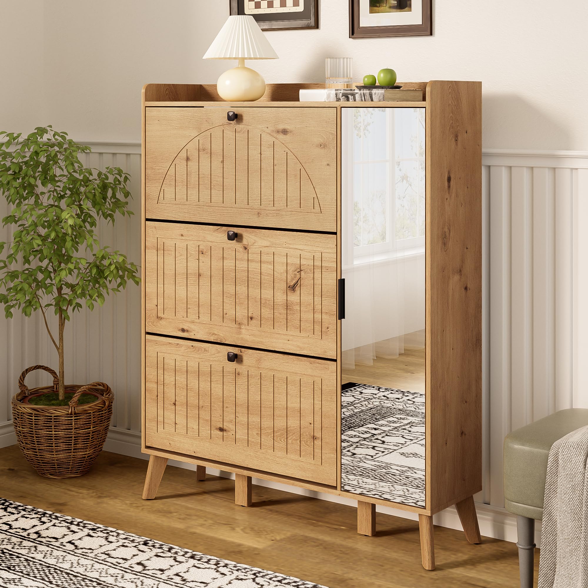 Scarpiera da corridoio, 110 x 24 x 137,5 cm, con specchio, 3 scomparti pieghevoli e ripiani, effetto legno, robusta scarpiera per ingressi stretti, design nordico