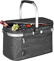 Tirrinia 34L Insulated Picnic Basket: Leakproof Collapsible Cooler with Aluminum Handle, Water-Resistant Foldable Grocery Bag for Travel & Camping, Black