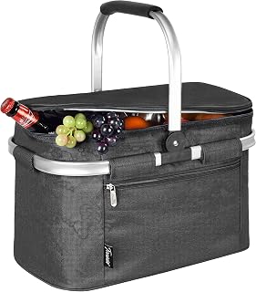Tirrinia 34L Insulated Picnic Basket: Leakproof Collapsible Cooler with Aluminum Handle, Water-Resistant Foldable Grocery Bag for Travel & Camping, Black