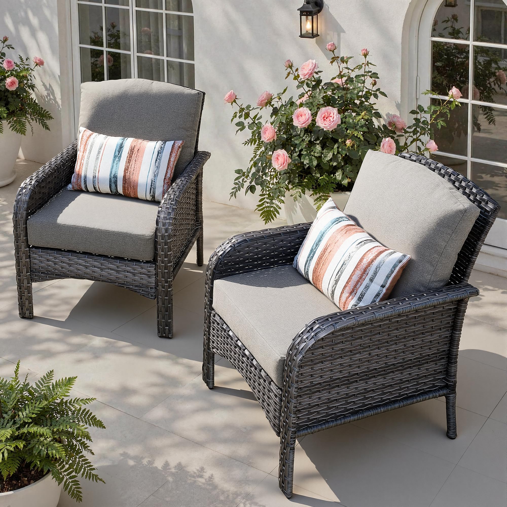 Patio Furniture Set, Outdoor Wicker Chairs of 2, Modern Rattan Outdoor Chairs Conversation Set, All Weather High Back Patio Sofa with Comfy Cushions for Porch, Balcony, Garden, Dark Gray